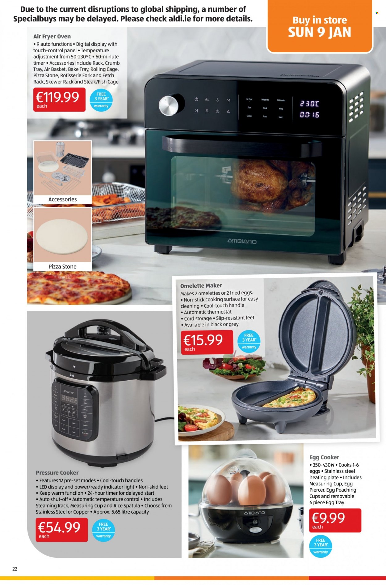 thumbnail - Aldi offer  - 06.01.2022 - 12.01.2022 - Sales products - fish, pizza, eggs, rice, steak, basket, fork, spatula, plate, pressure cooker. Page 22.