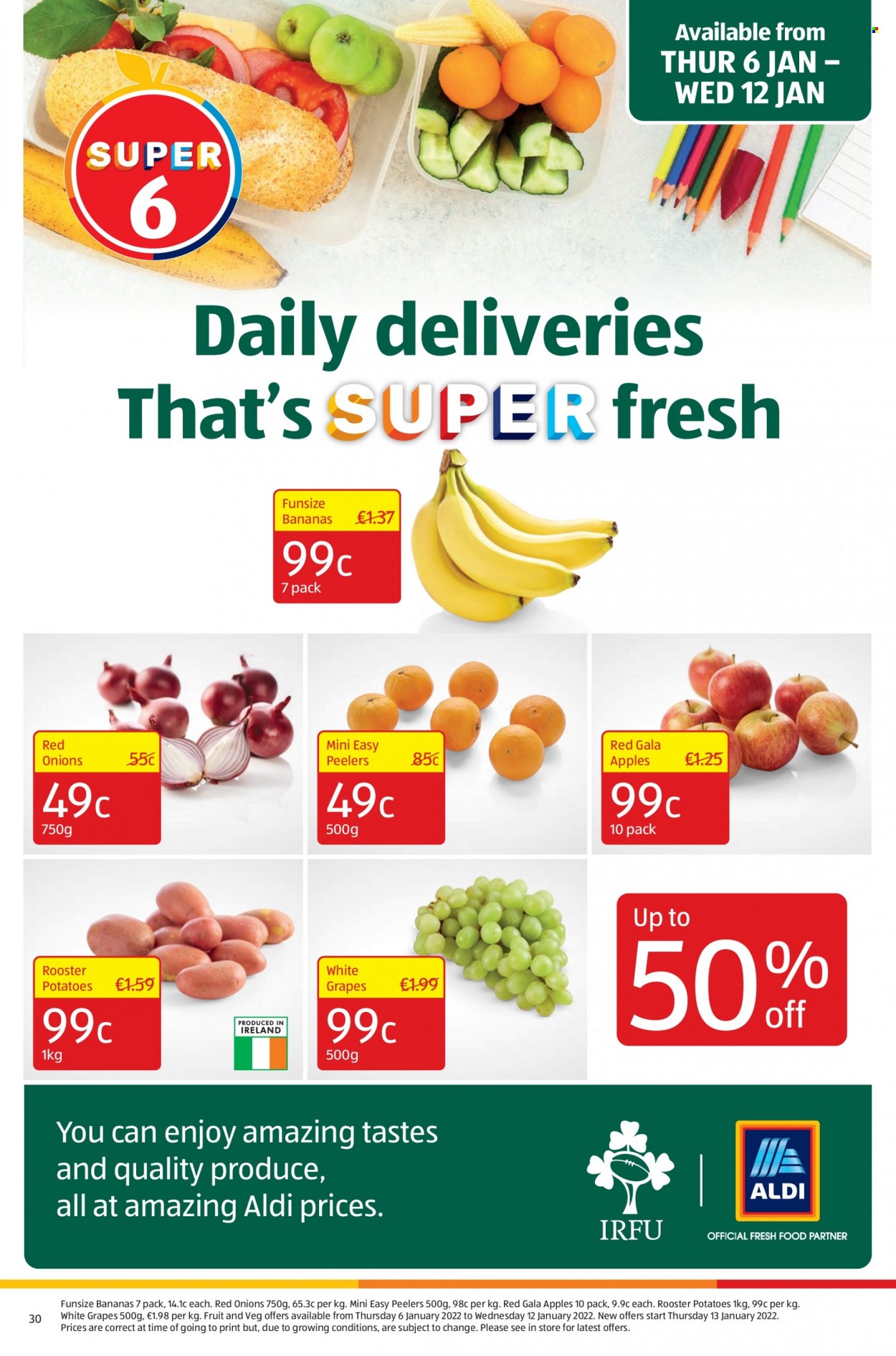 thumbnail - Aldi offer  - 06.01.2022 - 12.01.2022 - Sales products - red onions, potatoes, onion, bananas, Gala, grapes, apples. Page 30.