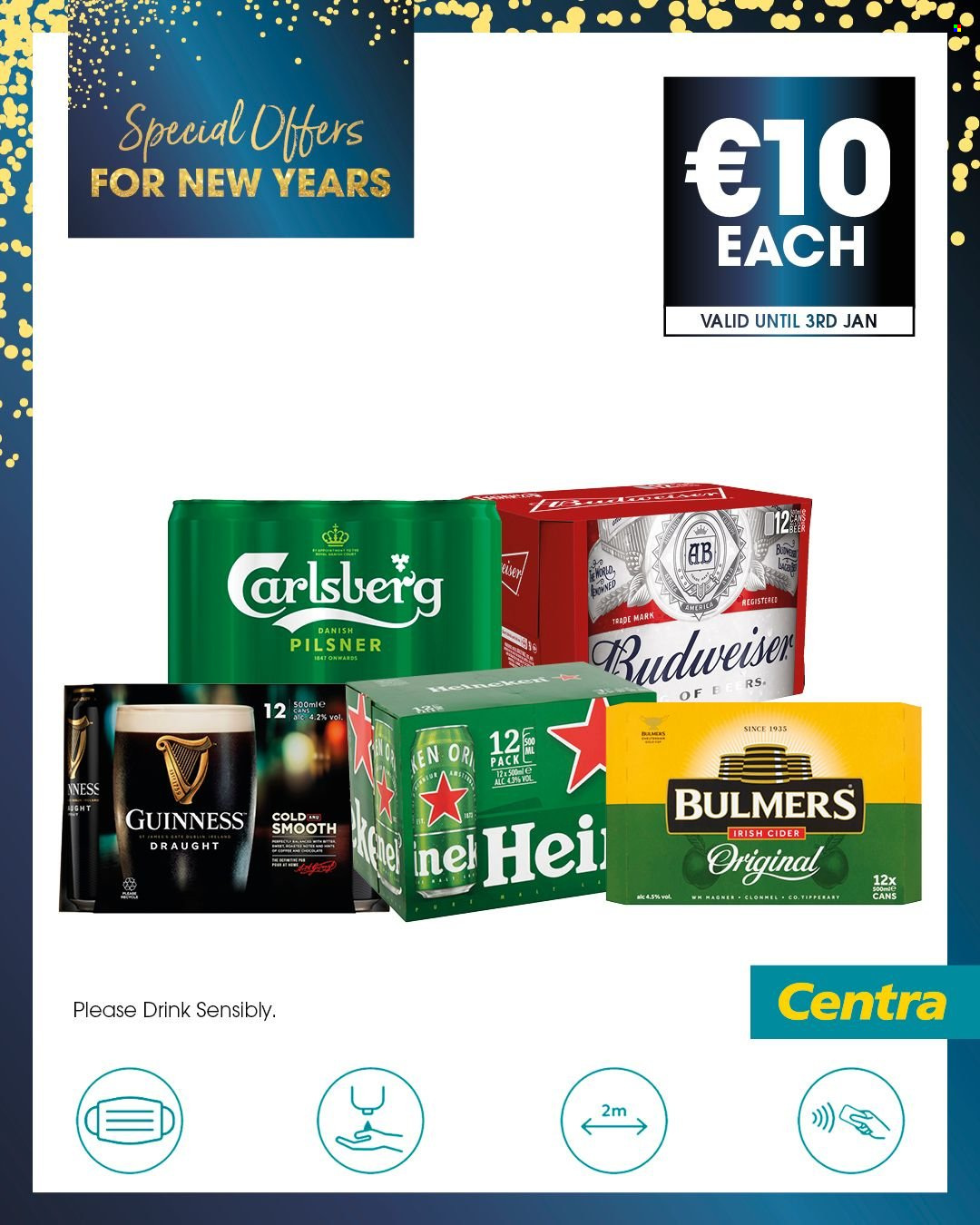 thumbnail - Centra offer  - 31.12.2021 - 03.01.2022 - Sales products - cider, beer, Bulmers, Carlsberg, Guinness, Budweiser. Page 1.