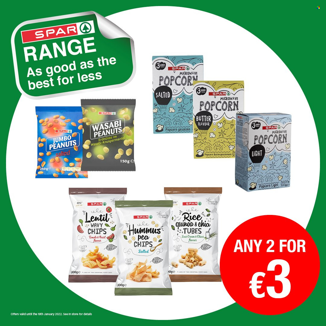 EUROSPAR offer  - Sales products - hummus, butter, chips, popcorn, quinoa, rice, wasabi, peanuts. Page 1.