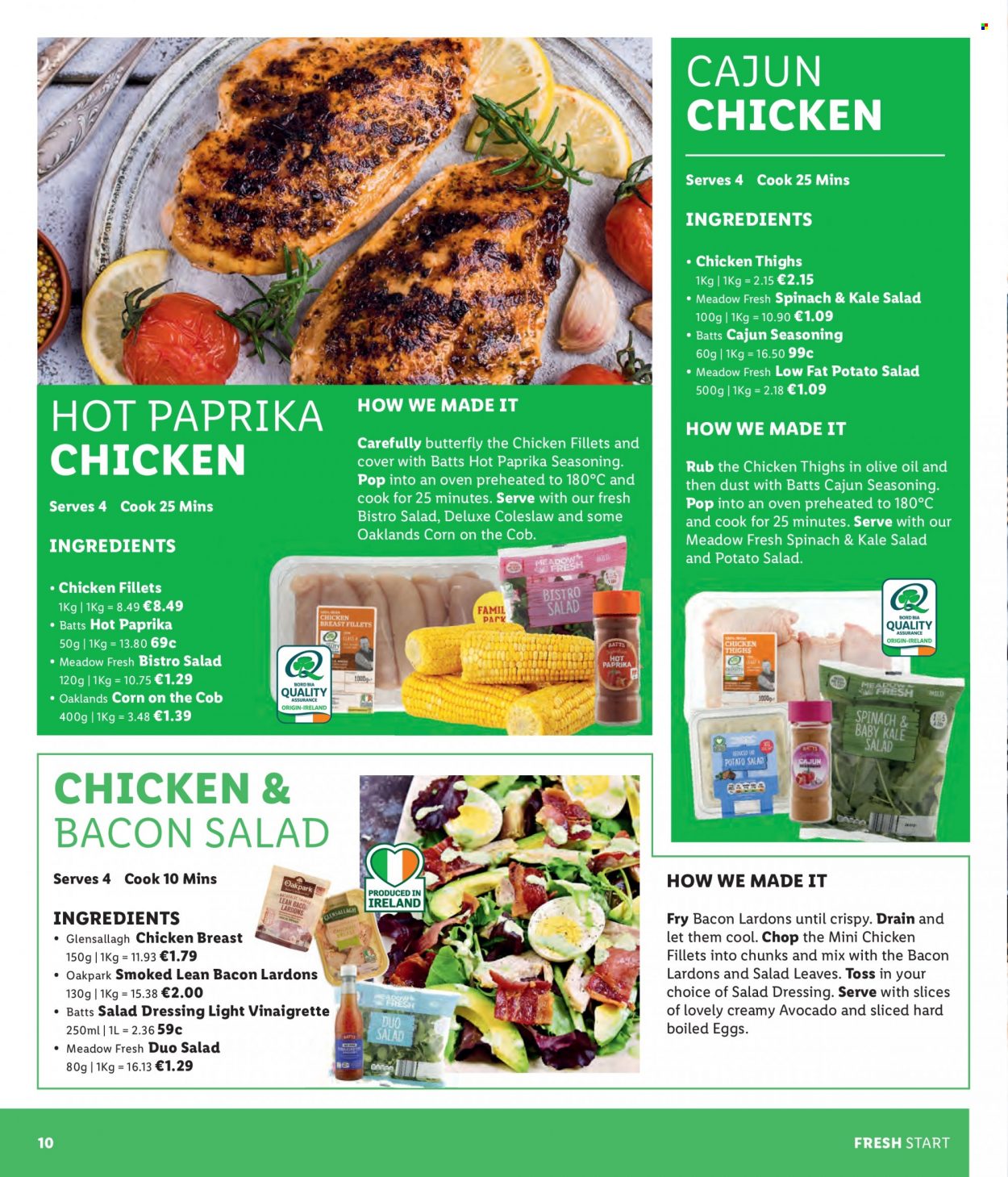 thumbnail - Lidl offer  - Sales products - coleslaw, bacon, potato salad, eggs, spice, salad dressing, vinaigrette dressing, dressing, chicken breasts, chicken thighs, oven. Page 10.