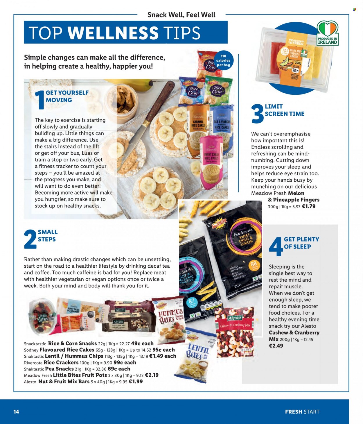 thumbnail - Lidl offer  - Sales products - pineapple, hummus, snack, fruit mix, crackers, Little Bites, chips, rice crackers, coffee, Plenty, bag, pot, fitness tracker, train. Page 14.