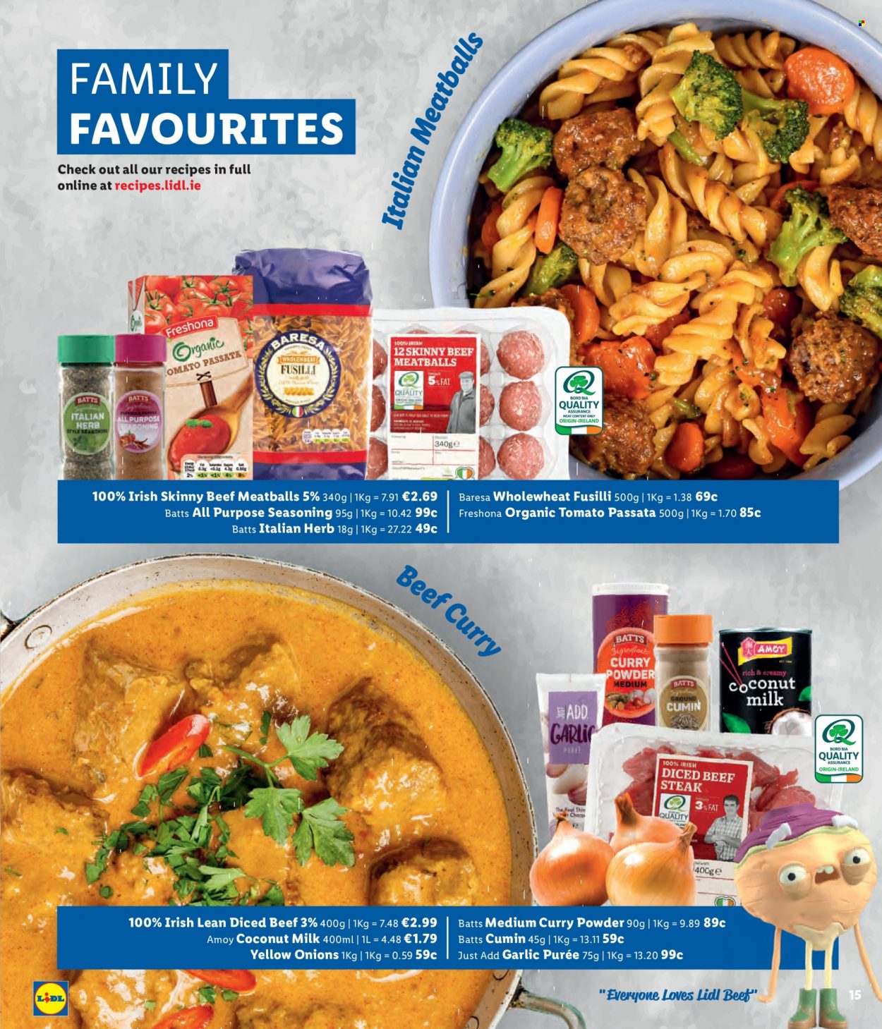 thumbnail - Lidl offer  - Sales products - onion, meatballs, coconut milk, tomato sauce, spice, herbs, curry powder, cumin, beef meat, beef steak, steak, diced beef. Page 15.