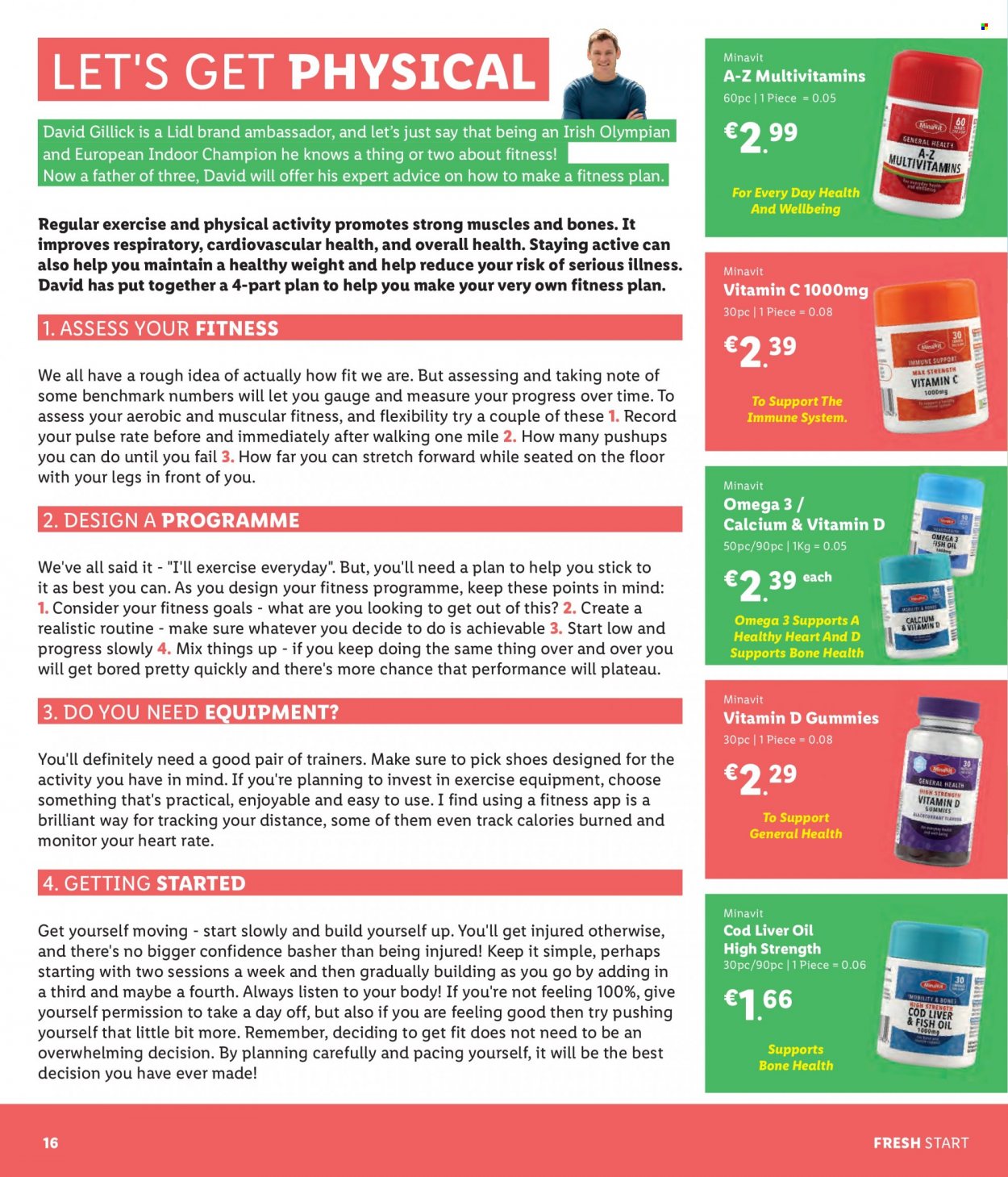 thumbnail - Lidl offer  - Sales products - shoes, trainers, cod, oil, monitor, calcium, multivitamin, vitamin c, Omega-3. Page 16.