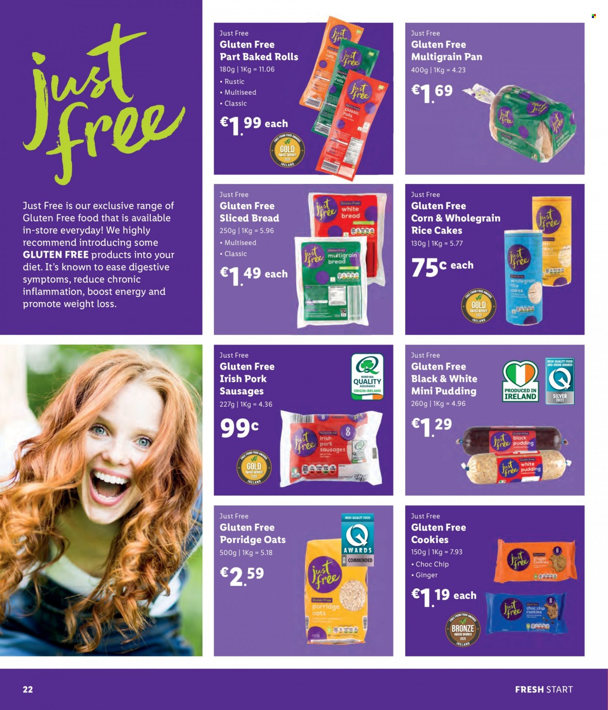 thumbnail - Lidl offer  - Sales products - bread, corn, ginger, sausage, pudding, cookies, Digestive, oats, porridge, rice, whole grain rice, Boost, pan. Page 22.