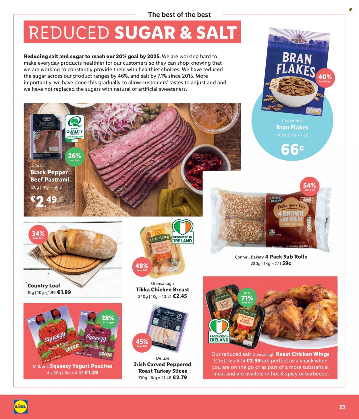 thumbnail - Lidl offer  - Sales products - chicken roast, pastrami, yoghurt, chicken wings, snack, bran flakes, black pepper, chicken breasts, beef meat, goal, Tikka. Page 23.
