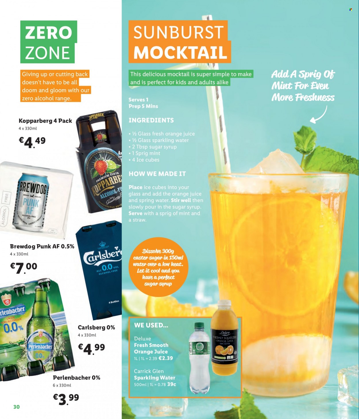thumbnail - Lidl offer  - Sales products - ice cubes, caster sugar, syrup, juice, spring water, sparkling water, alcohol, Kopparberg, beer, Carlsberg, straw, Perlenbacher. Page 30.