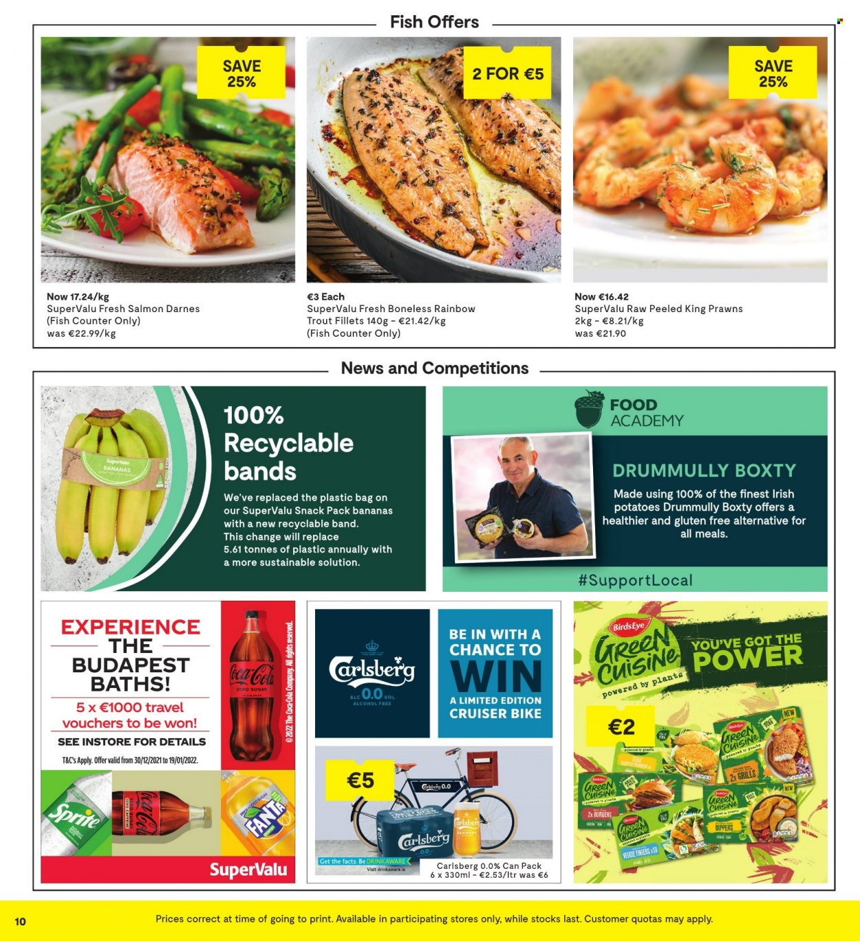 thumbnail - SuperValu offer  - 06.01.2022 - 19.01.2022 - Sales products - potatoes, bananas, salmon, trout, prawns, fish, hamburger, Bird's Eye, Coca-Cola, Sprite, Carlsberg. Page 10.