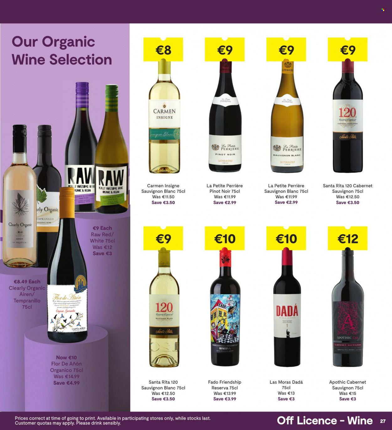 thumbnail - SuperValu offer  - 06.01.2022 - 19.01.2022 - Sales products - Clearly Organic, Perrier, Cabernet Sauvignon, red wine, white wine, wine, Pinot Noir, Tempranillo, Sauvignon Blanc. Page 27.