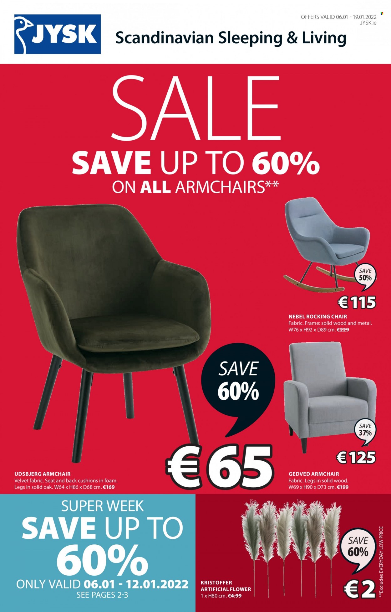 thumbnail - JYSK offer  - 06.01.2022 - 19.01.2022 - Sales products - chair, arm chair, rocking chair, cushion, artificial flowers. Page 1.