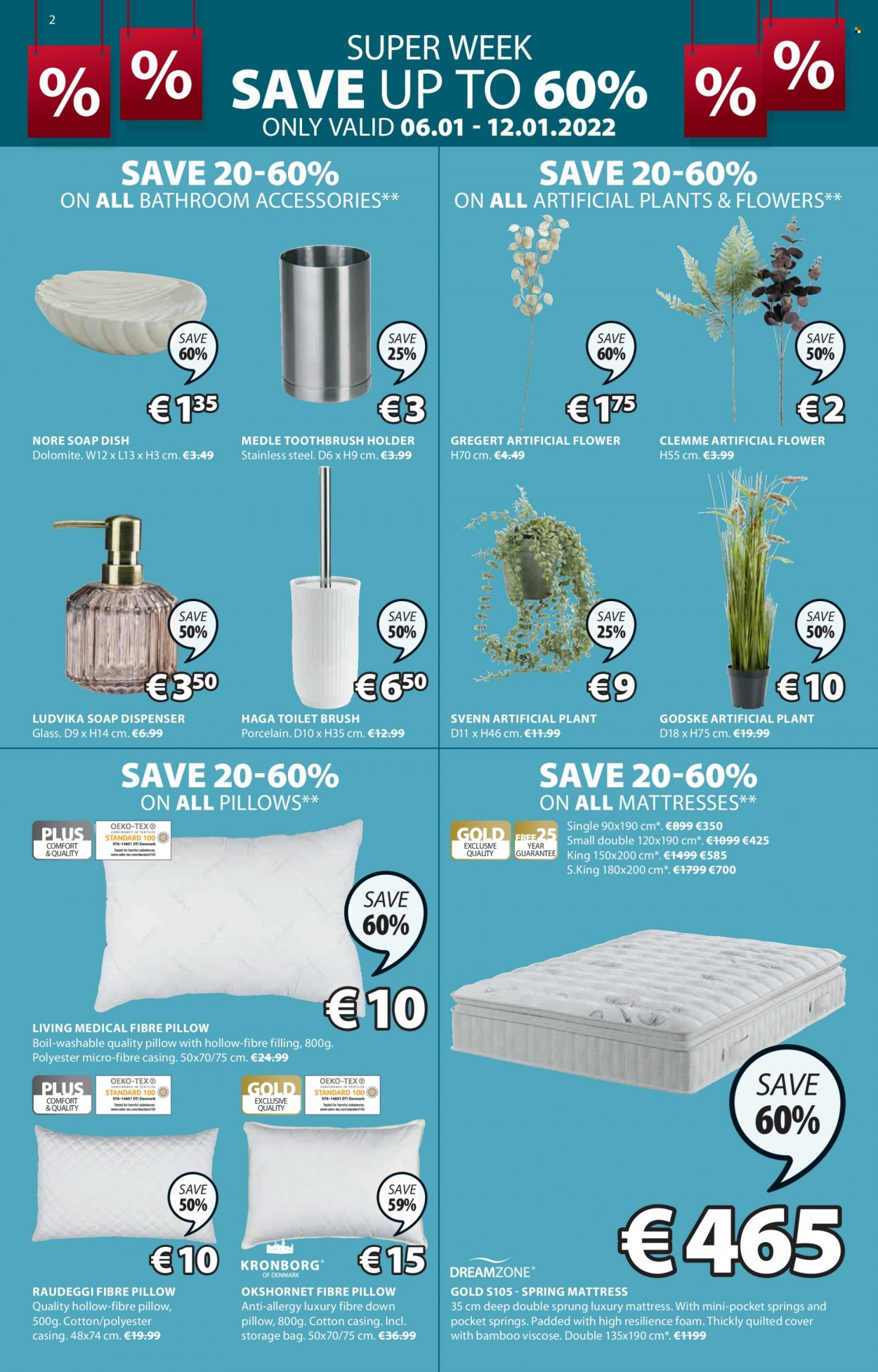 thumbnail - JYSK offer  - 06.01.2022 - 19.01.2022 - Sales products - mattress, artificial flowers, artificial plant, holder, soap dish, soap dispenser, toilet brush, toothbrush holder, dispenser, pillow. Page 2.