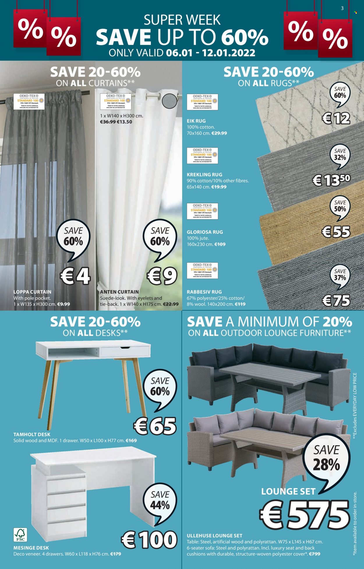 thumbnail - JYSK offer  - 06.01.2022 - 19.01.2022 - Sales products - table, sofa, desk, cushion, curtain, rug. Page 3.
