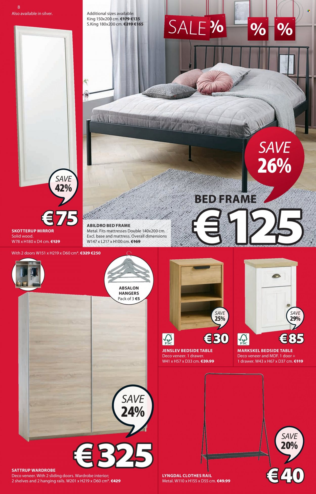 thumbnail - JYSK offer  - 06.01.2022 - 19.01.2022 - Sales products - table, bed, bed frame, mattress, wardrobe, bedside table, clothes rail, mirror, hanger. Page 8.