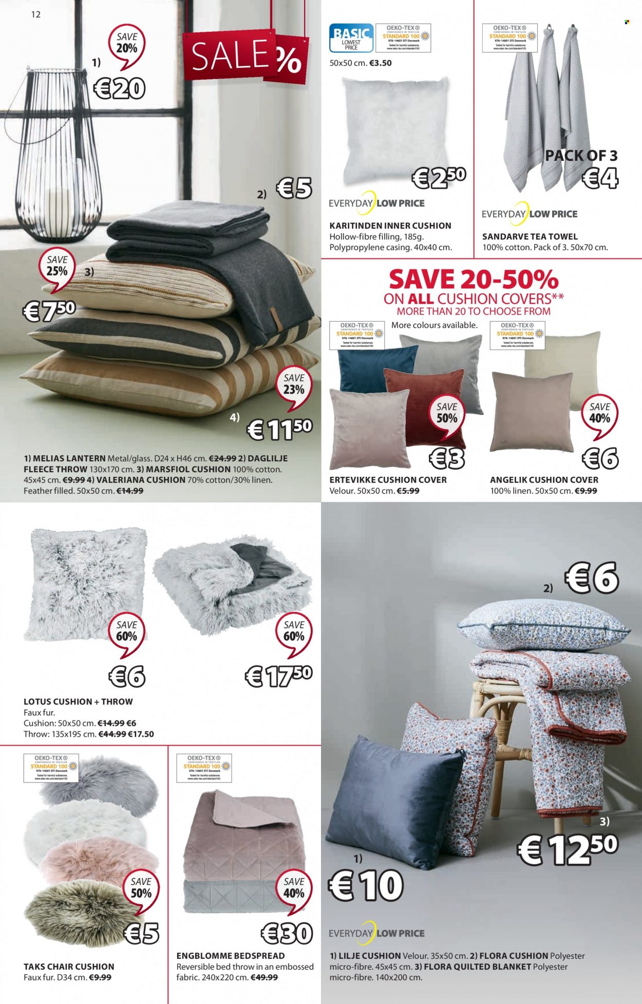 thumbnail - JYSK offer  - 06.01.2022 - 19.01.2022 - Sales products - chair, Lotus, cushion, lantern, tea towels, bedspread, blanket, linens, fleece throw. Page 12.
