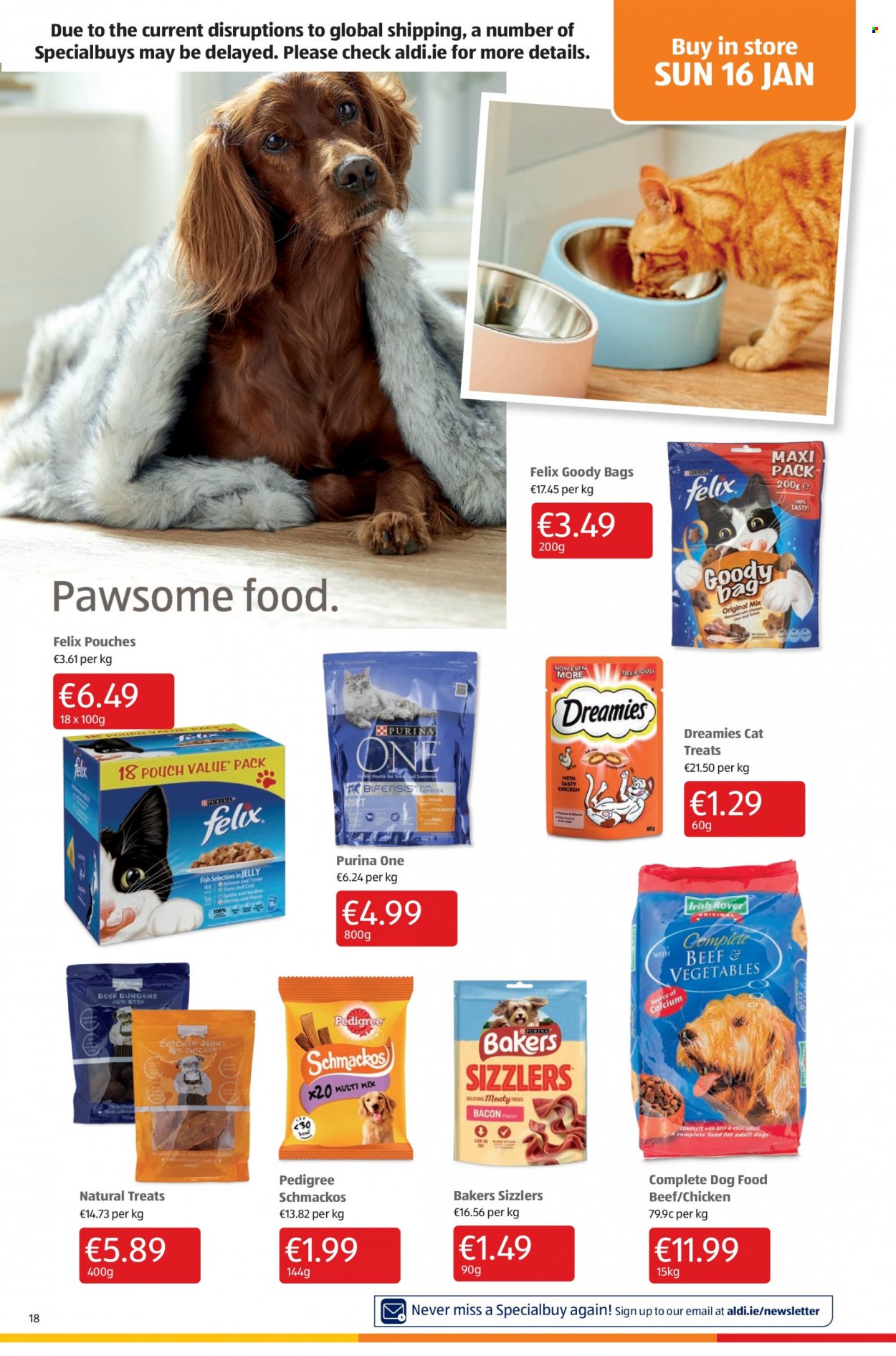 thumbnail - Aldi offer  - 13.01.2022 - 19.01.2022 - Sales products - fish, bacon, animal food, dog food, Purina, Pedigree, Felix, Schmackos, Bakers. Page 18.