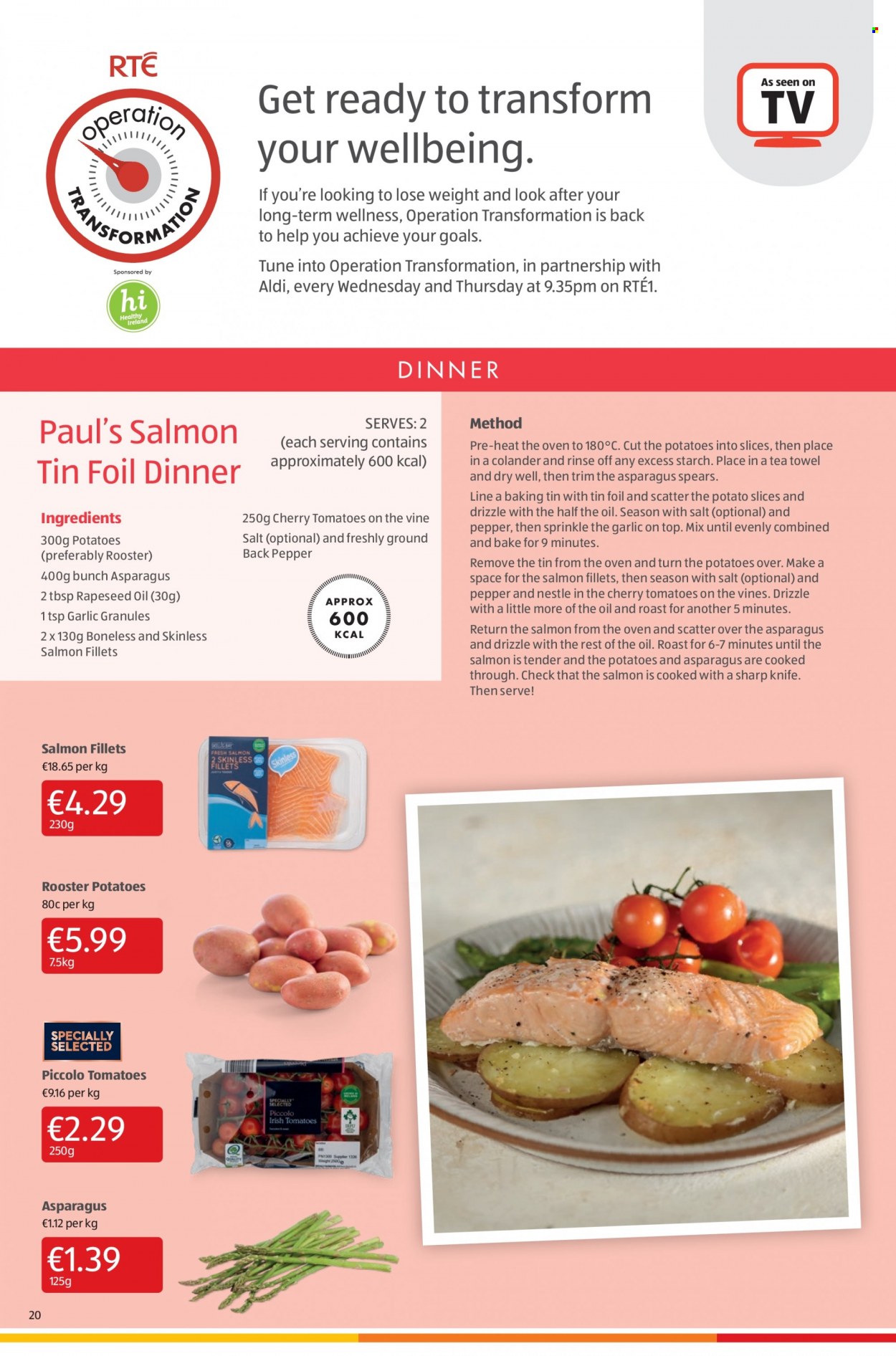 thumbnail - Aldi offer  - 13.01.2022 - 19.01.2022 - Sales products - garlic, tomatoes, cherries, salmon, salmon fillet, starch, pepper, knife, colander. Page 20.