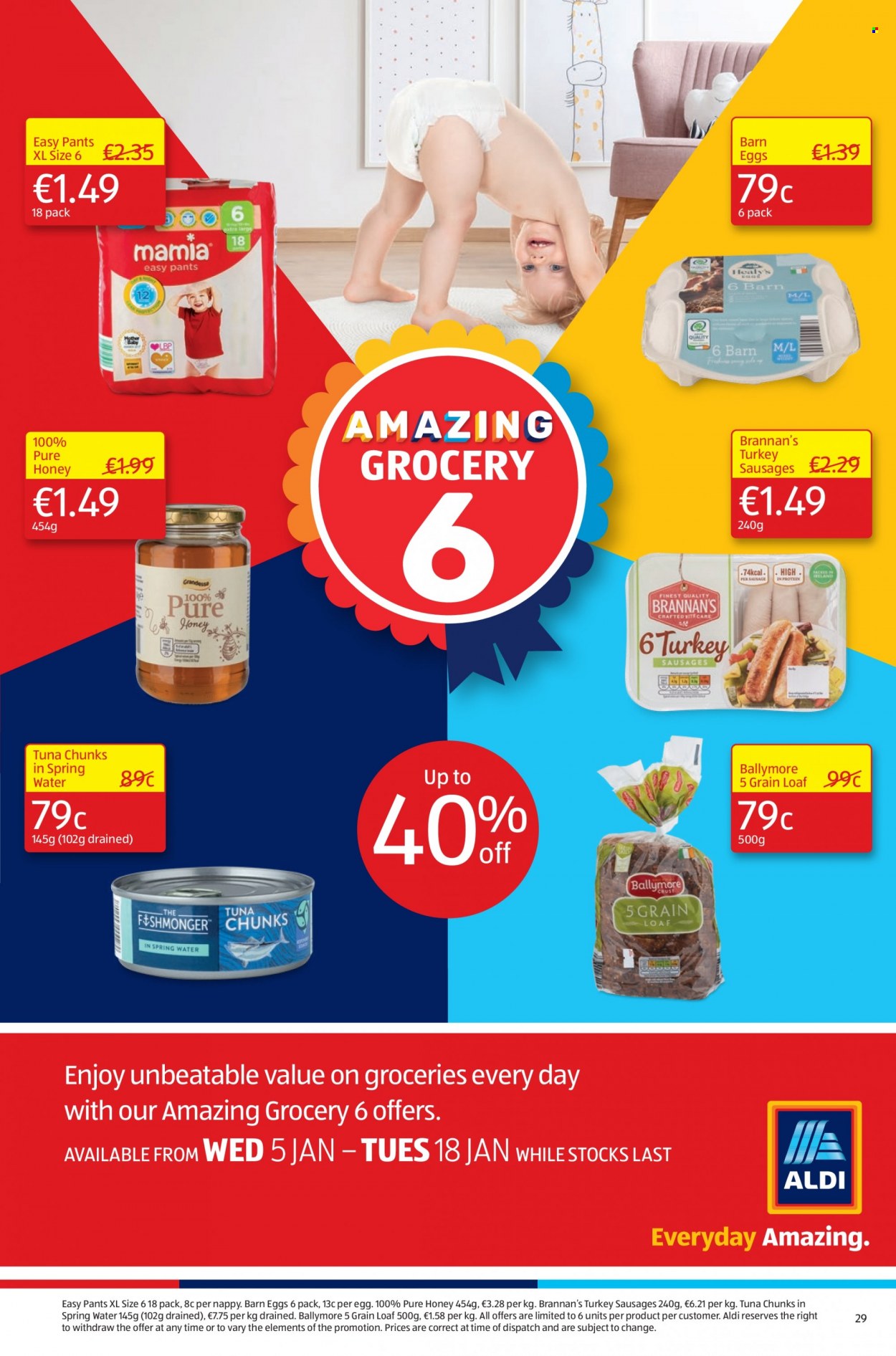 thumbnail - Aldi offer  - 13.01.2022 - 19.01.2022 - Sales products - tuna, sausage, eggs, honey, spring water, pants, nappies. Page 29.
