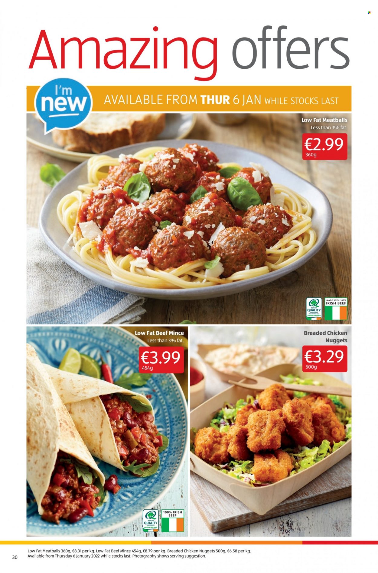 thumbnail - Aldi offer  - 13.01.2022 - 19.01.2022 - Sales products - meatballs, nuggets, fried chicken, chicken nuggets, beef meat, ground beef. Page 30.
