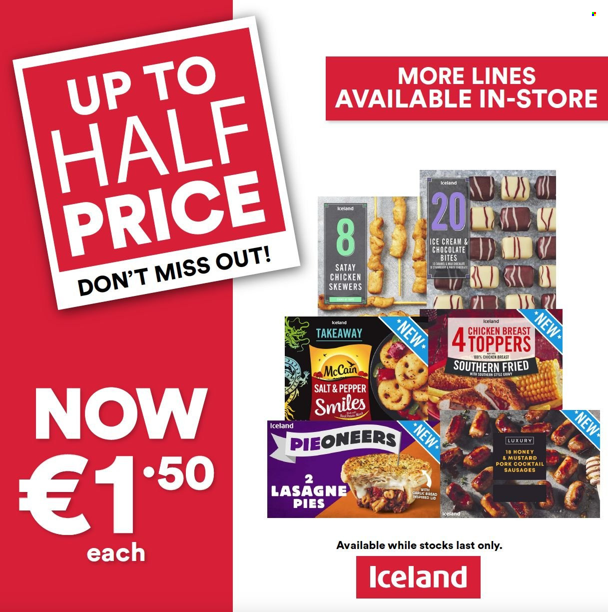 thumbnail - Iceland offer  - Sales products - bread, sausage, ice cream, McCain, mustard, honey, chicken breasts, lid. Page 4.
