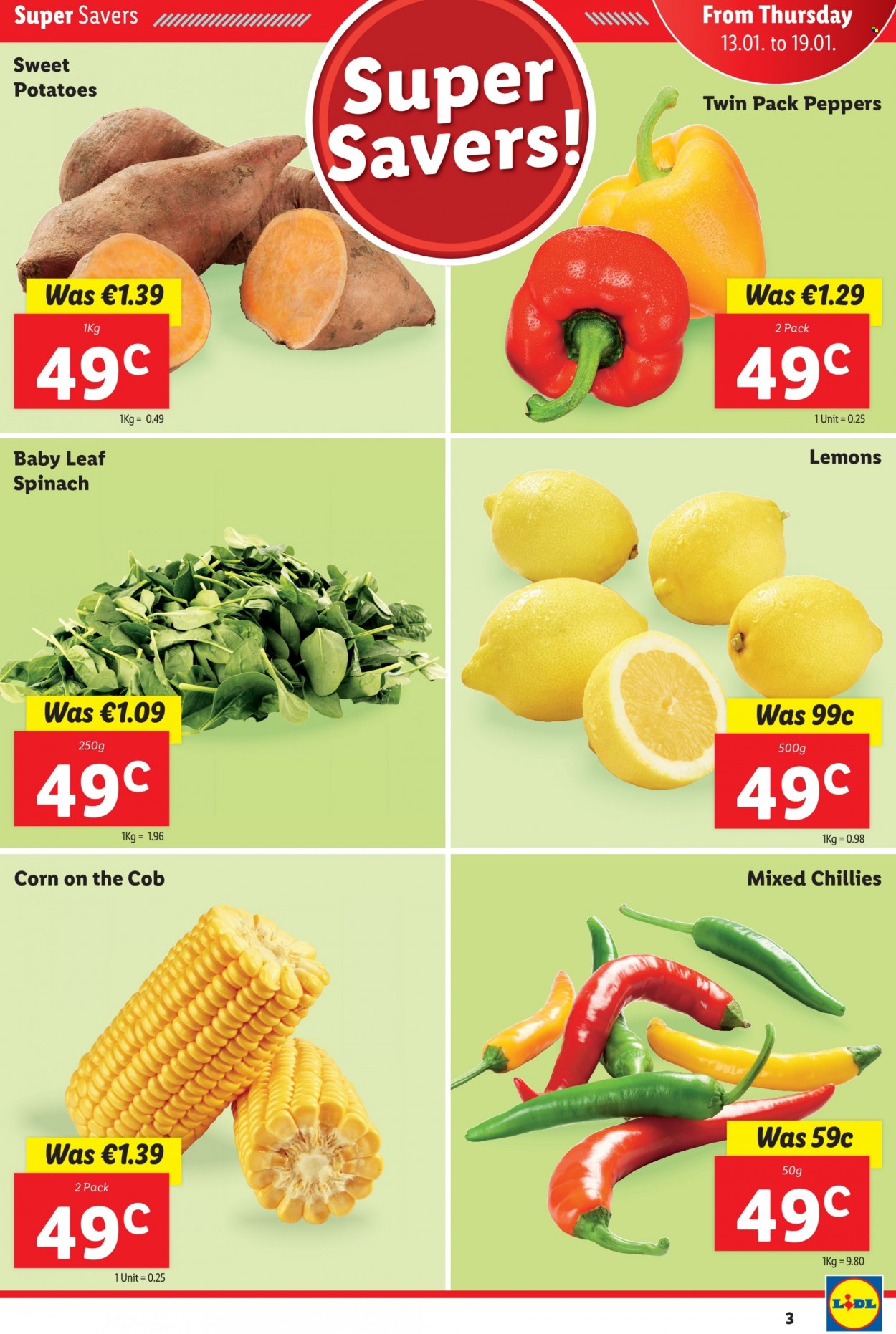 thumbnail - Lidl offer  - 13.01.2022 - 19.01.2022 - Sales products - corn, spinach, sweet potato, potatoes, peppers, lemons. Page 3.