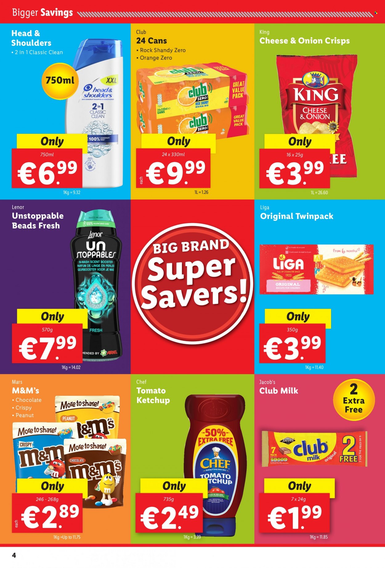 thumbnail - Lidl offer  - 13.01.2022 - 19.01.2022 - Sales products - oranges, chocolate, Mars, M&M's, biscuit, club milk, ketchup, Jacobs, Lenor, shampoo, conditioner, Head & Shoulders. Page 4.