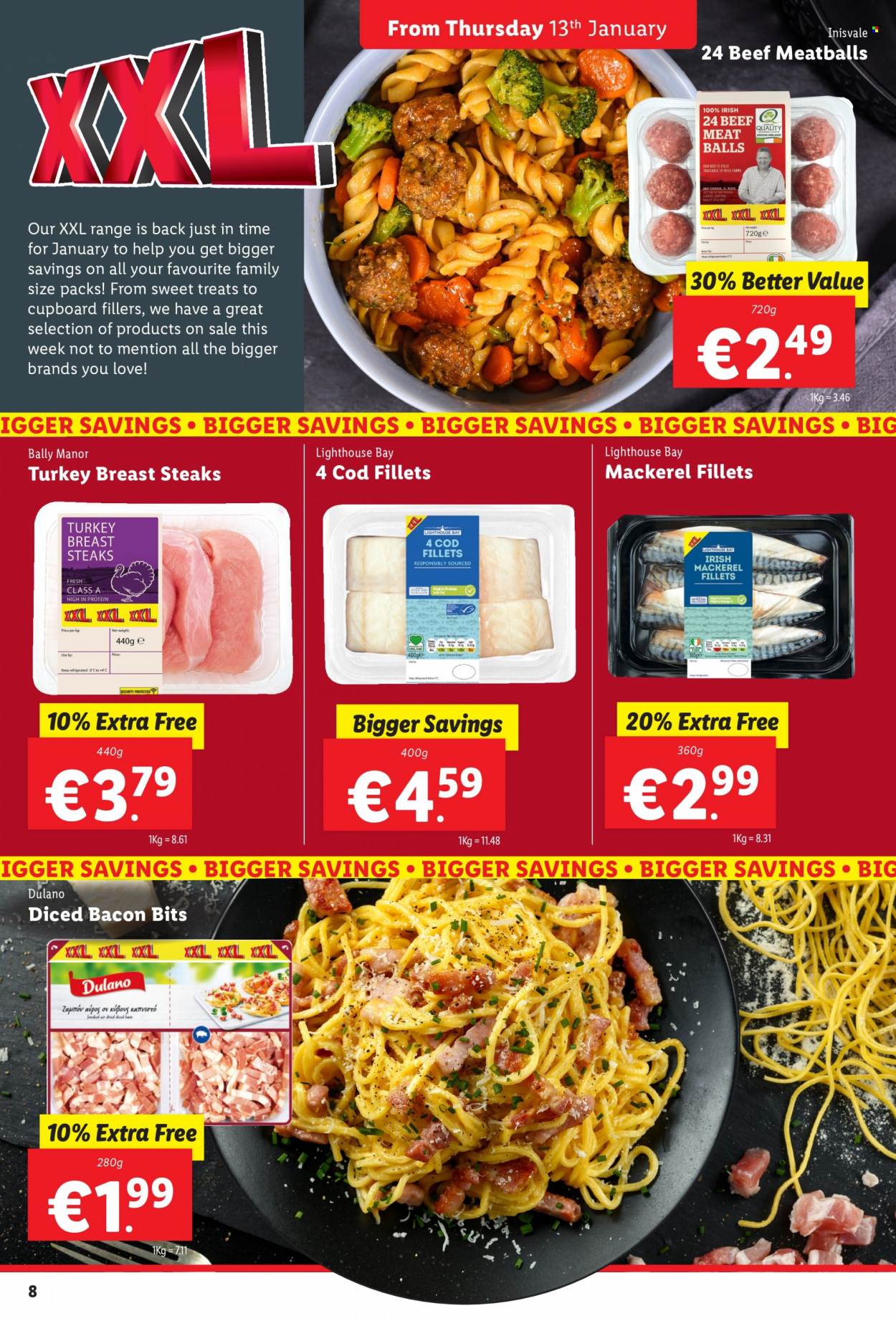 thumbnail - Lidl offer  - 13.01.2022 - 19.01.2022 - Sales products - cod, mackerel, meatballs, bacon bits, turkey breast, steak. Page 8.