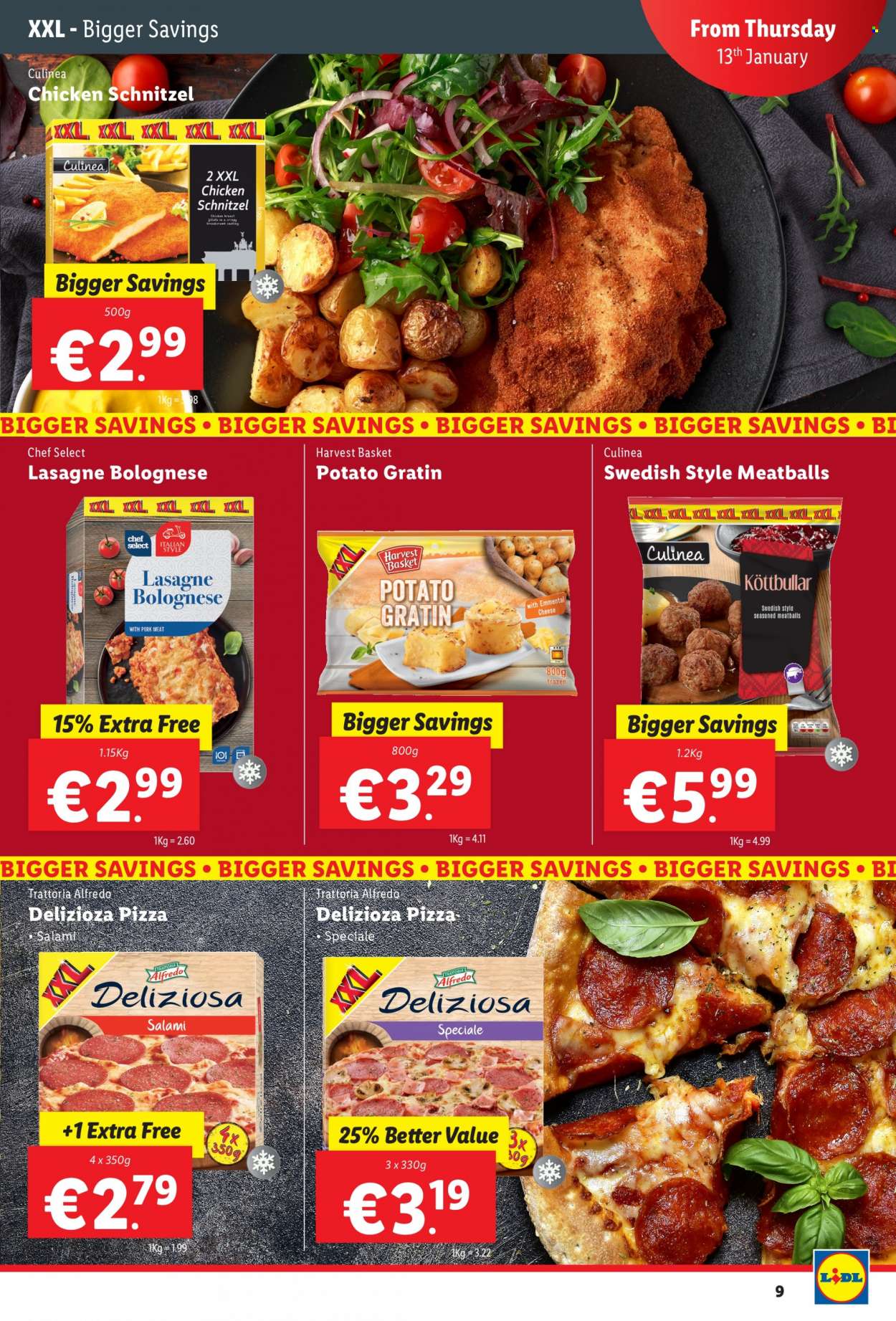 thumbnail - Lidl offer  - 13.01.2022 - 19.01.2022 - Sales products - pizza, meatballs, schnitzel, lasagna meal, salami, pork meat, basket. Page 9.