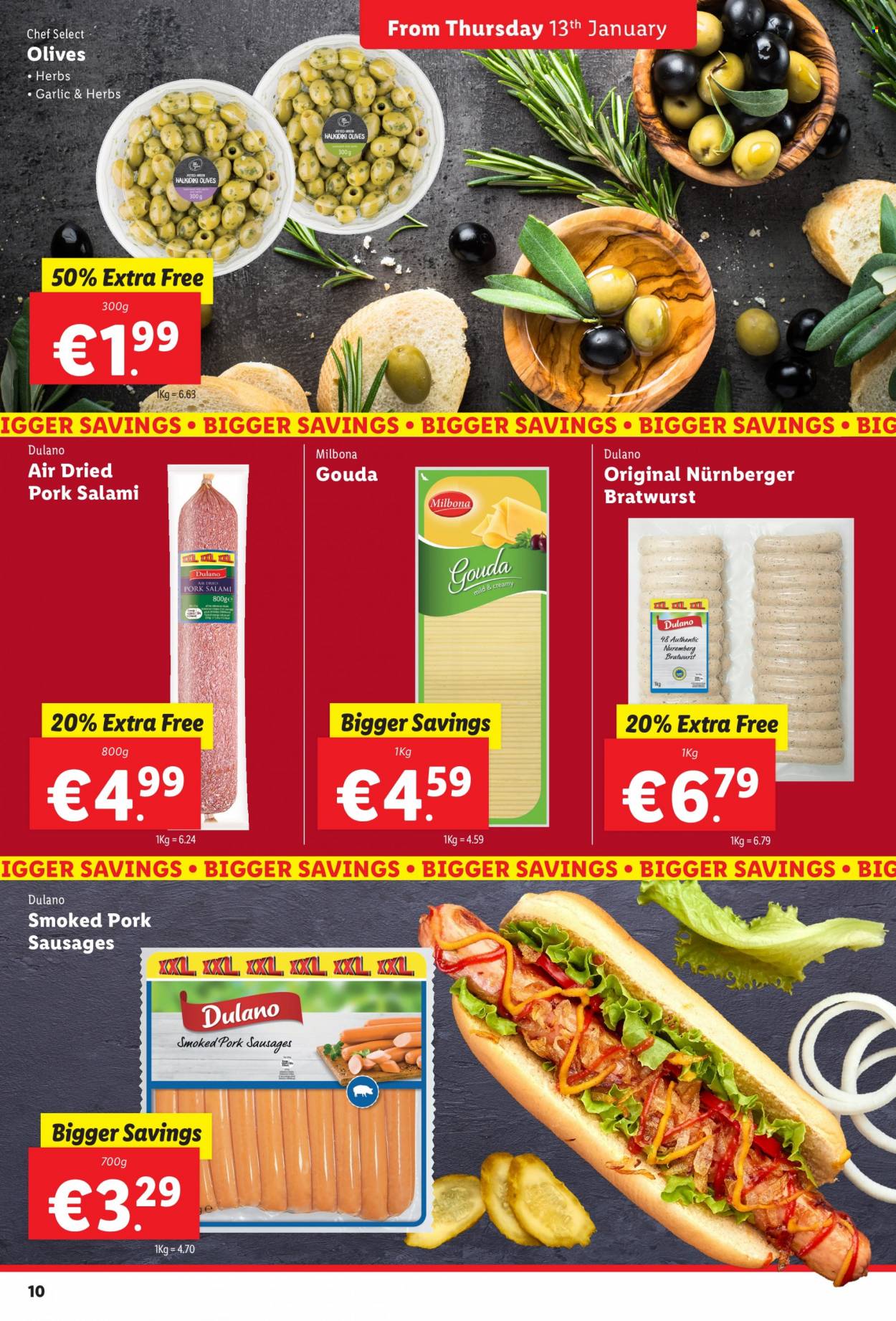 thumbnail - Lidl offer  - 13.01.2022 - 19.01.2022 - Sales products - salami, bratwurst, sausage, gouda, olives. Page 10.