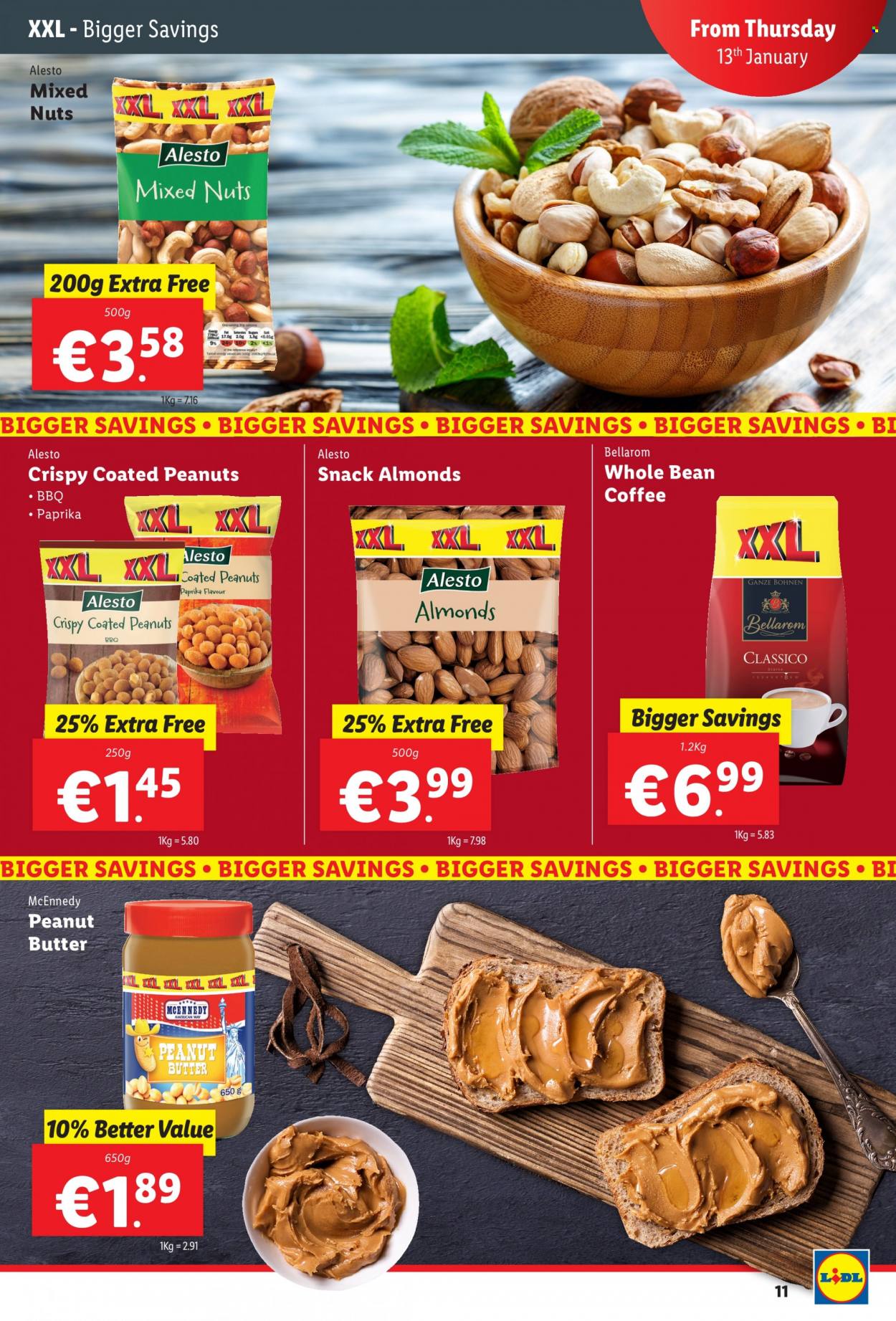 thumbnail - Lidl offer  - 13.01.2022 - 19.01.2022 - Sales products - snack, Classico, peanut butter, almonds, mixed nuts, coffee. Page 11.