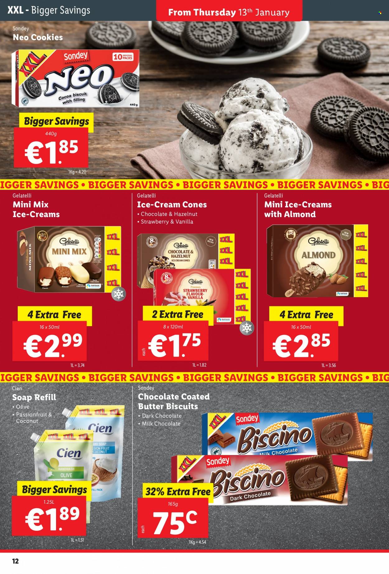 thumbnail - Lidl offer  - 13.01.2022 - 19.01.2022 - Sales products - butter, cookies, milk chocolate, chocolate, biscuit, dark chocolate, soap. Page 12.