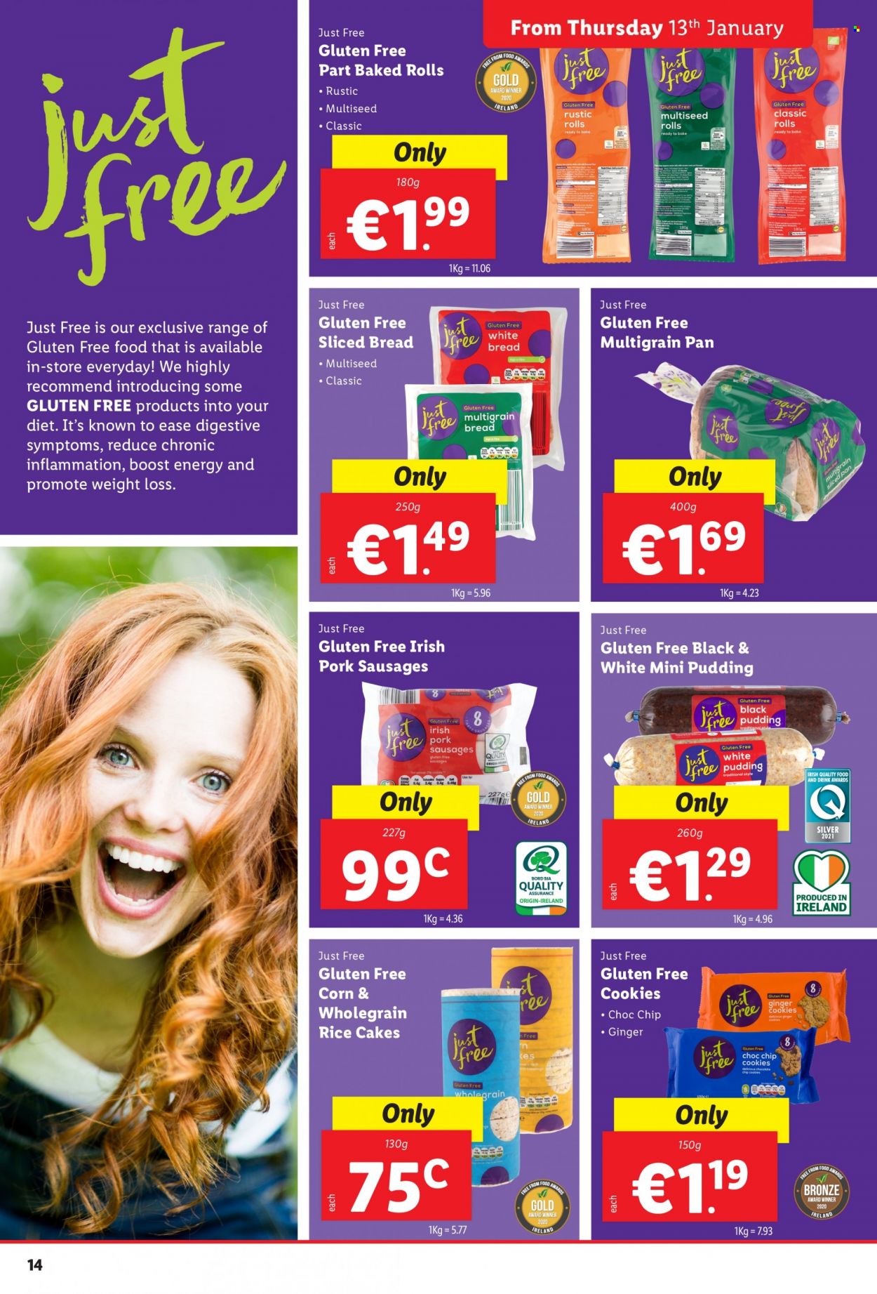 thumbnail - Lidl offer  - 13.01.2022 - 19.01.2022 - Sales products - bread, corn, ginger, sausage, pudding, cookies, Digestive, rice, whole grain rice, Boost, pan. Page 14.