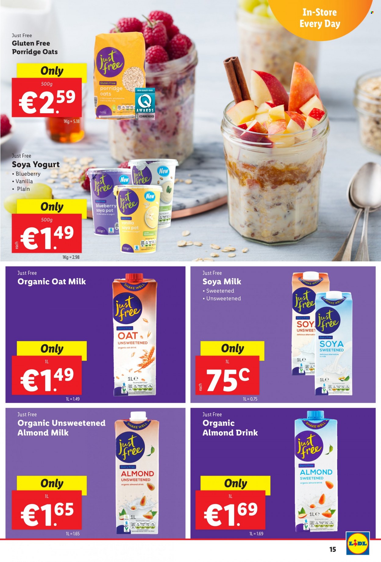 thumbnail - Lidl offer  - 13.01.2022 - 19.01.2022 - Sales products - yoghurt, almond milk, milkshake, shake, oat milk, porridge, pot. Page 15.
