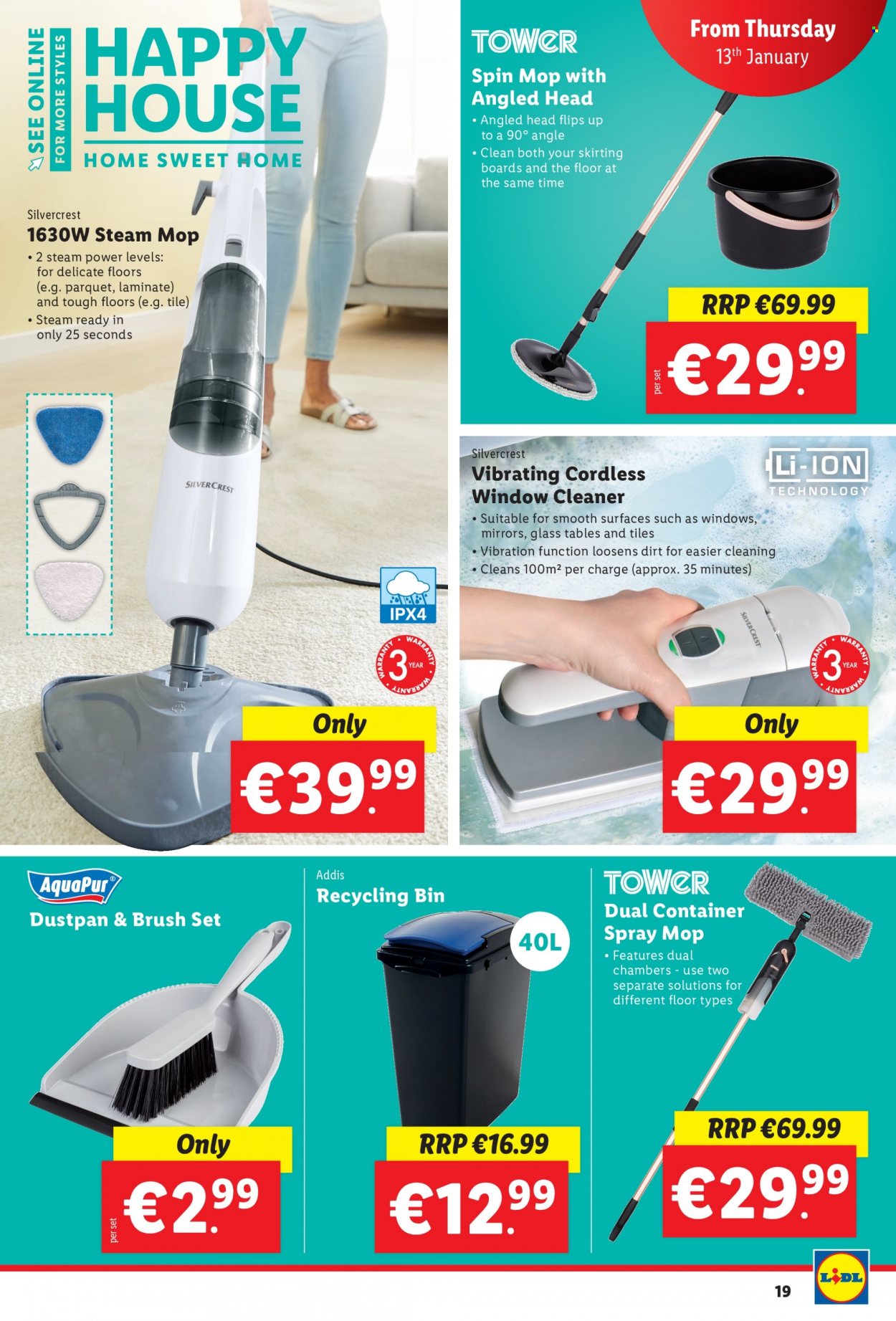 thumbnail - Lidl offer  - 13.01.2022 - 19.01.2022 - Sales products - table, container, mirror, SilverCrest, sugar, salt, cleaner, brush, bin, spin mop, mop, dustpan & brush, recycling bin, steam cleaner. Page 19.