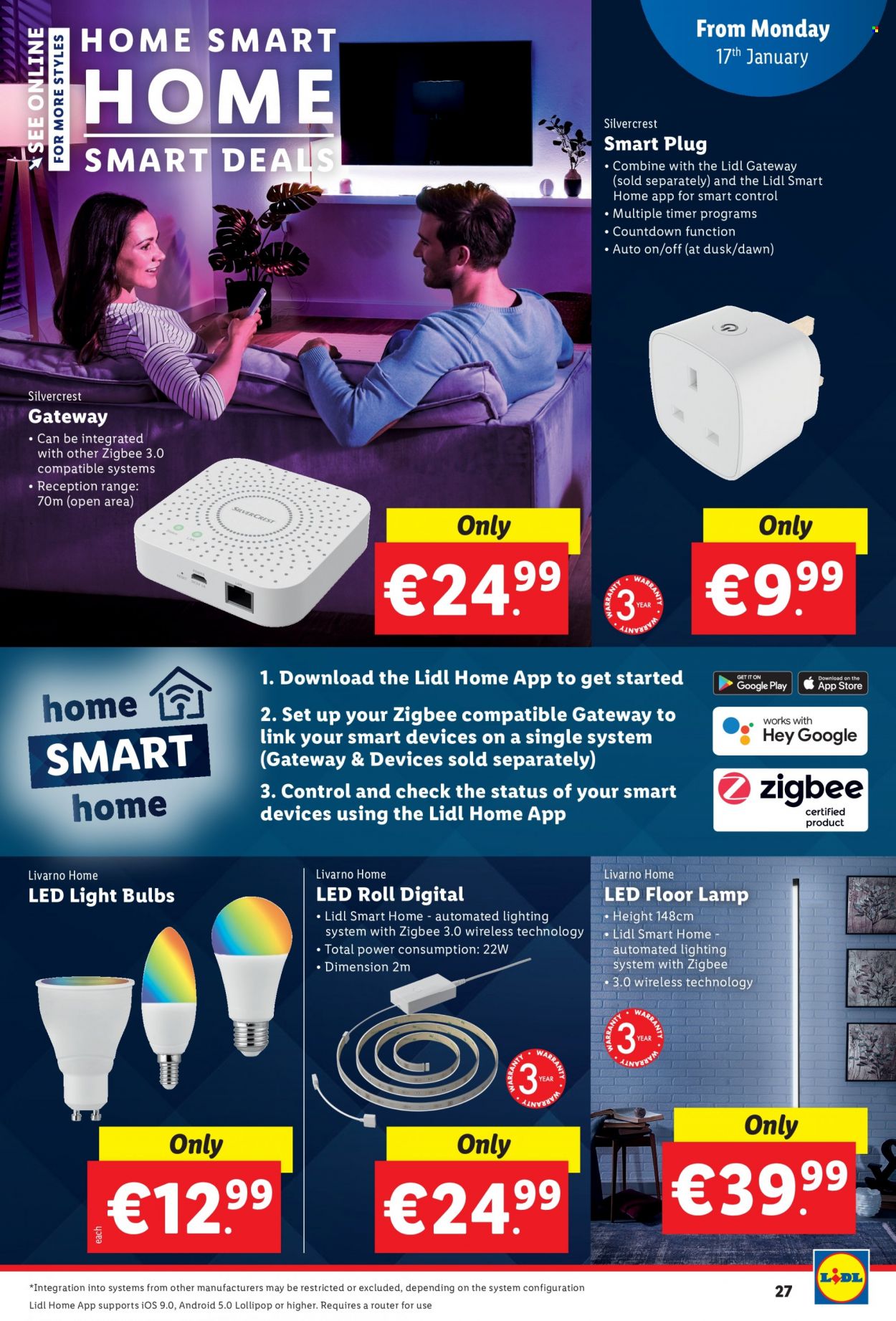 thumbnail - Lidl offer  - 13.01.2022 - 19.01.2022 - Sales products - SilverCrest, lollipop, bulb, light bulb, gateway, router, lamp, LED light, lighting, floor lamp, smart plug. Page 27.