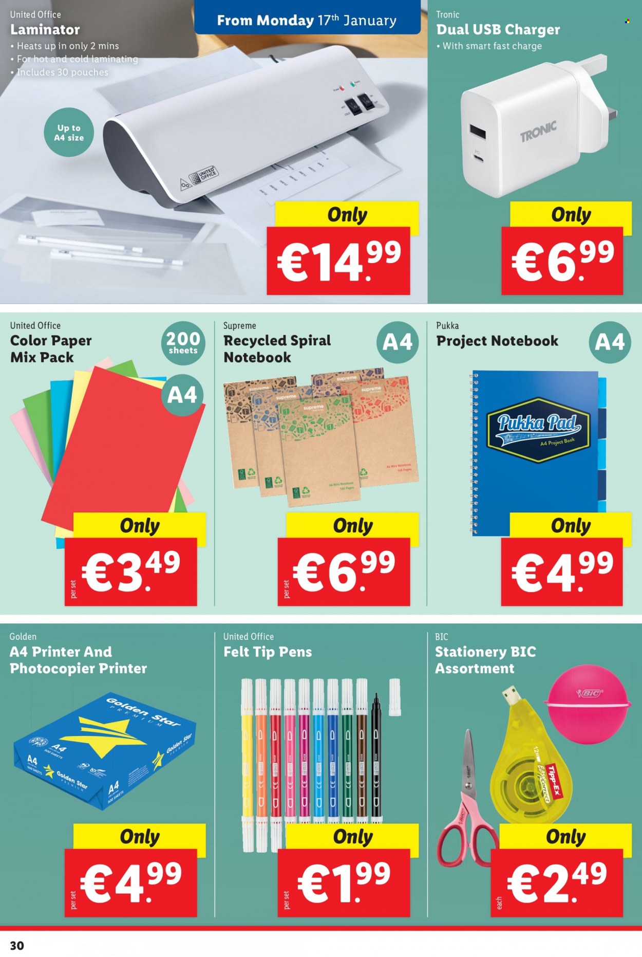 thumbnail - Lidl offer  - 13.01.2022 - 19.01.2022 - Sales products - USB charger, BIC, felt-tip pens, book, laminator, printer. Page 30.