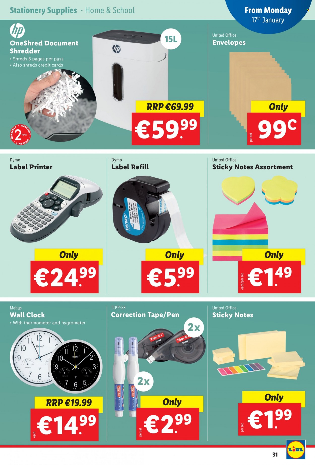 thumbnail - Lidl offer  - 13.01.2022 - 19.01.2022 - Sales products - clock, thermometer, pen, envelope, printer, shredder. Page 31.