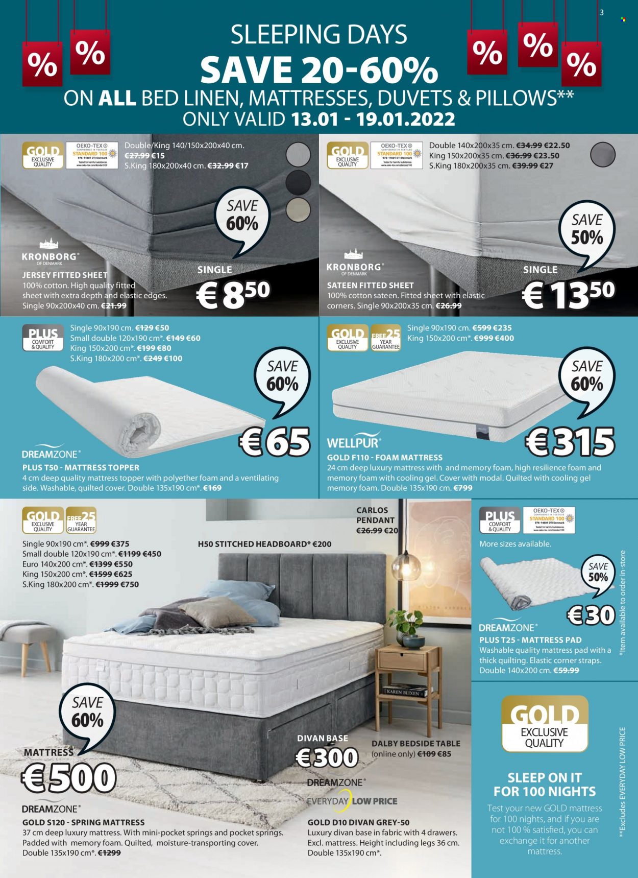 thumbnail - JYSK offer  - 13.01.2022 - 26.01.2022 - Sales products - table, bed, headboard, mattress protector, foam mattress, bedside table, bedding, duvet, linens, topper, pillow. Page 3.