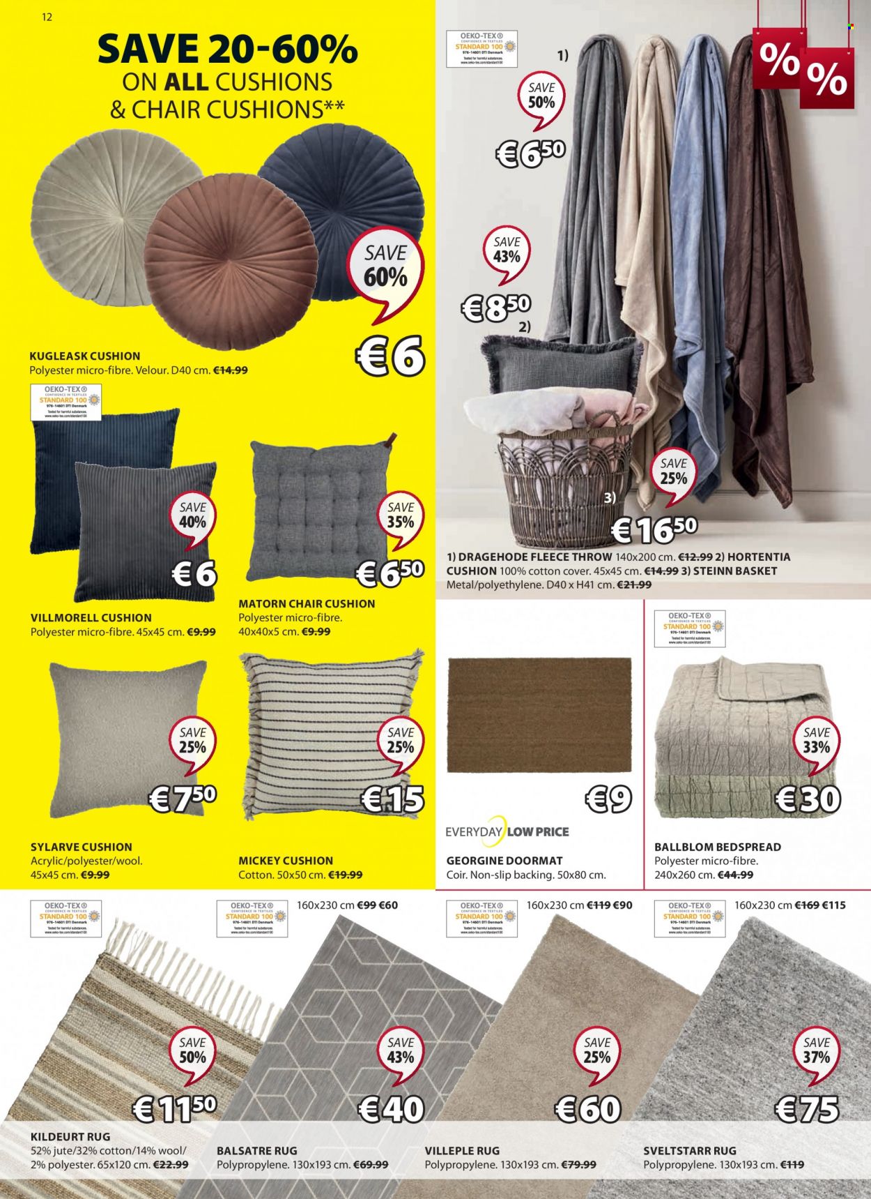thumbnail - JYSK offer  - 13.01.2022 - 26.01.2022 - Sales products - chair, cushion, basket, Mickey Mouse, chair pad, bedspread, fleece throw, door mat, rug. Page 12.