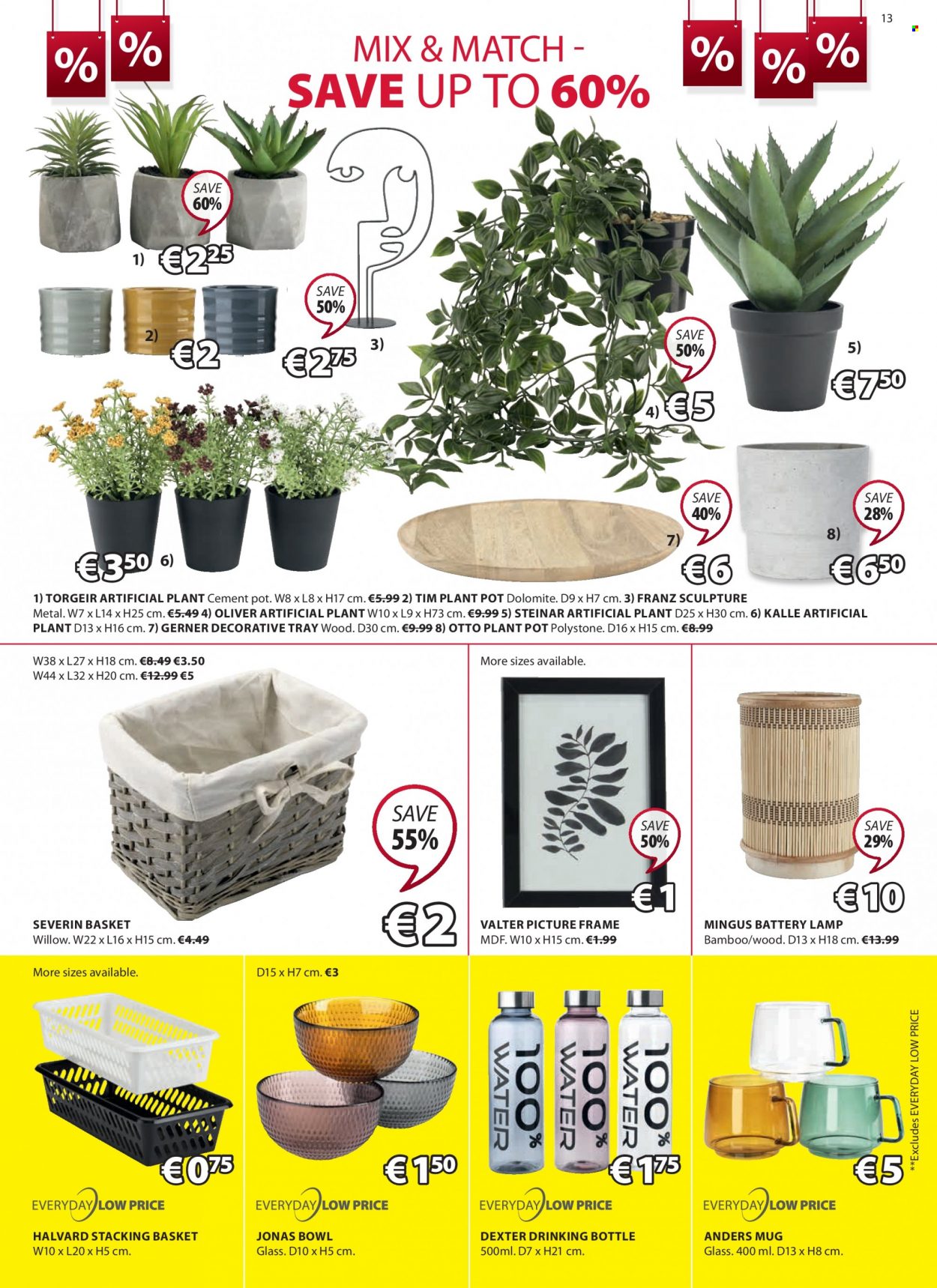 thumbnail - JYSK offer  - 13.01.2022 - 26.01.2022 - Sales products - picture frame, artificial plant, basket, mug, tray, pot, drink bottle, bowl, lamp, plant pot. Page 13.