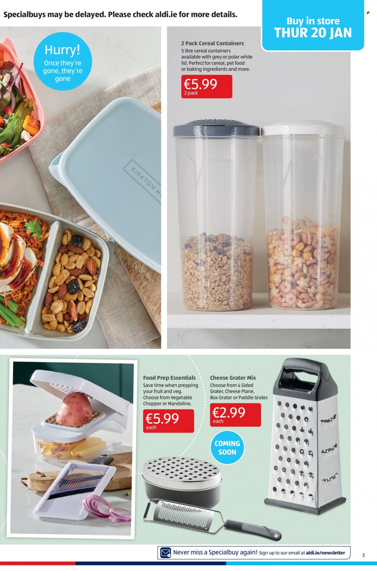 thumbnail - Aldi offer  - 20.01.2022 - 26.01.2022 - Sales products - cheese, cereals, lid, handy chopper, handy grater, animal food. Page 3.