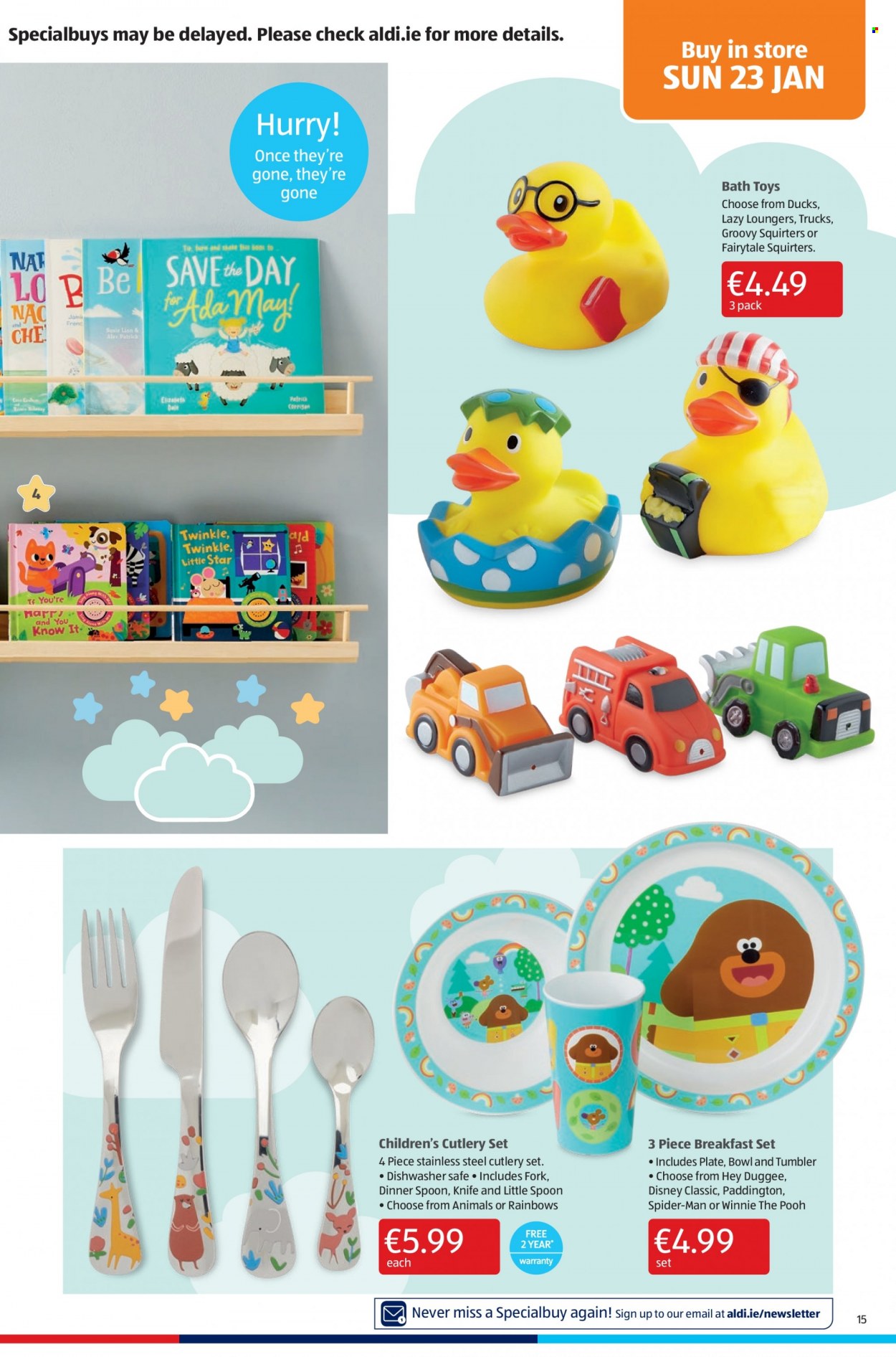 thumbnail - Aldi offer  - 20.01.2022 - 26.01.2022 - Sales products - Disney, knife, fork, spoon, tumbler, plate, cutlery set, bowl, toys. Page 15.