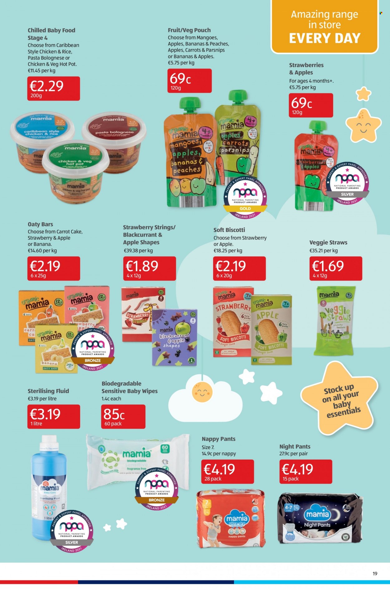 thumbnail - Aldi offer  - 20.01.2022 - 26.01.2022 - Sales products - cake, carrots, parsnips, mango, peaches, pasta, biscotti, Veggie Straws, wipes, pants, baby wipes, nappies, pot. Page 19.