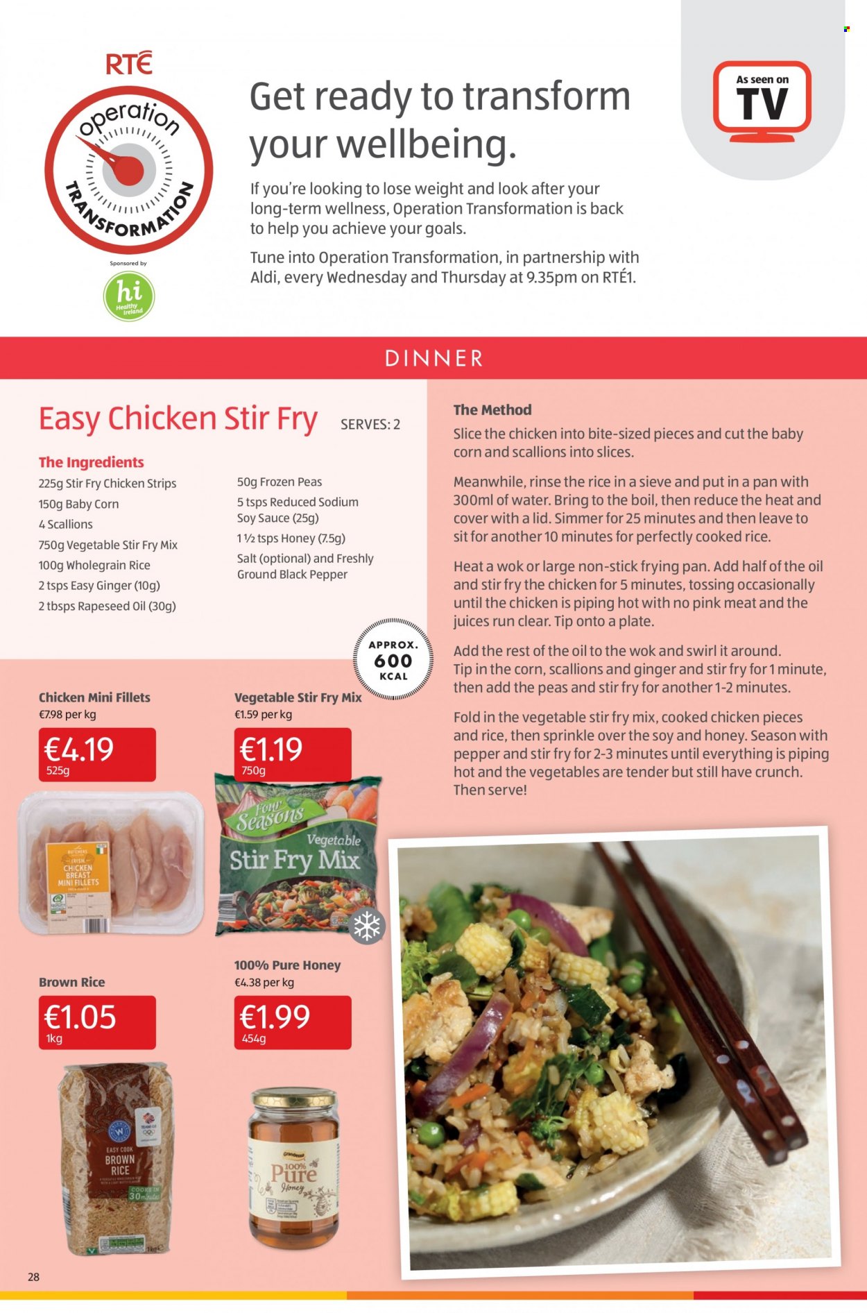 thumbnail - Aldi offer  - 20.01.2022 - 26.01.2022 - Sales products - ginger, chicken strips, brown rice, whole grain rice, soy sauce, honey, juice, lid, wok. Page 28.