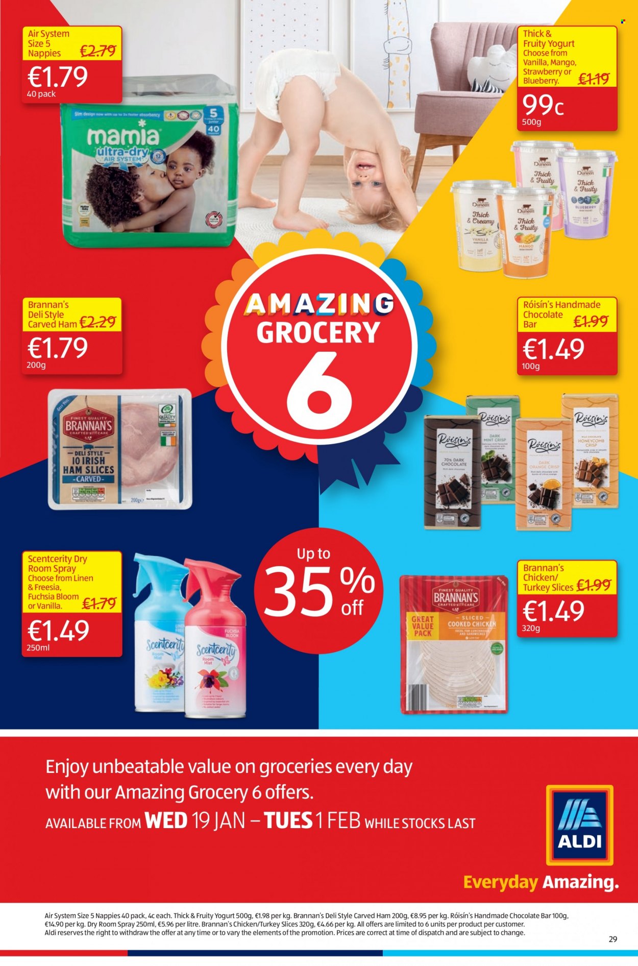 thumbnail - Aldi offer  - 20.01.2022 - 26.01.2022 - Sales products - mango, ham, yoghurt, chocolate bar, nappies, linens. Page 29.