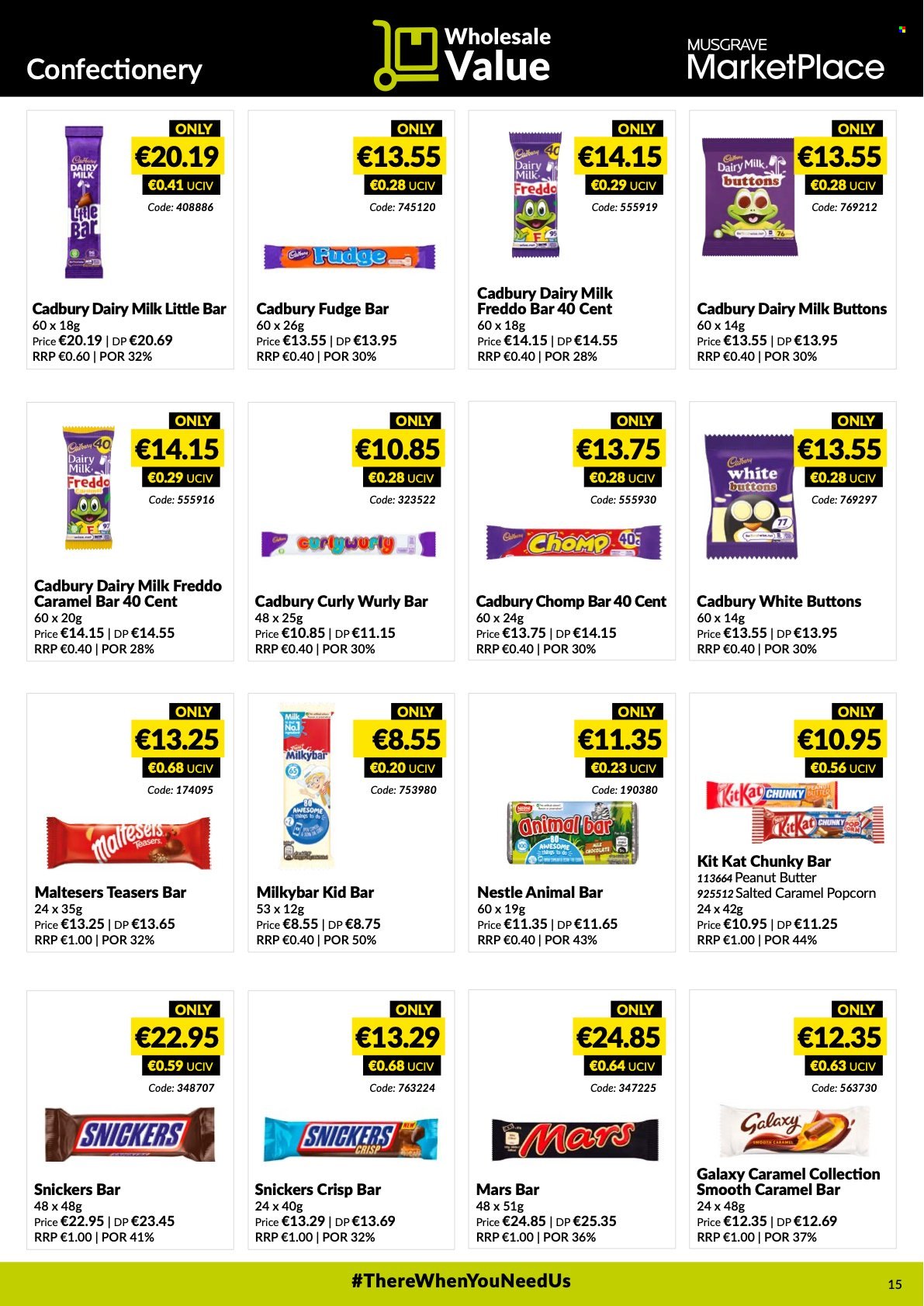 thumbnail - MUSGRAVE Market Place offer  - 16.01.2022 - 12.02.2022 - Sales products - fudge, Nestlé, Snickers, Mars, KitKat, Maltesers, Cadbury, milky bar, Dairy Milk, popcorn, peanut butter. Page 15.