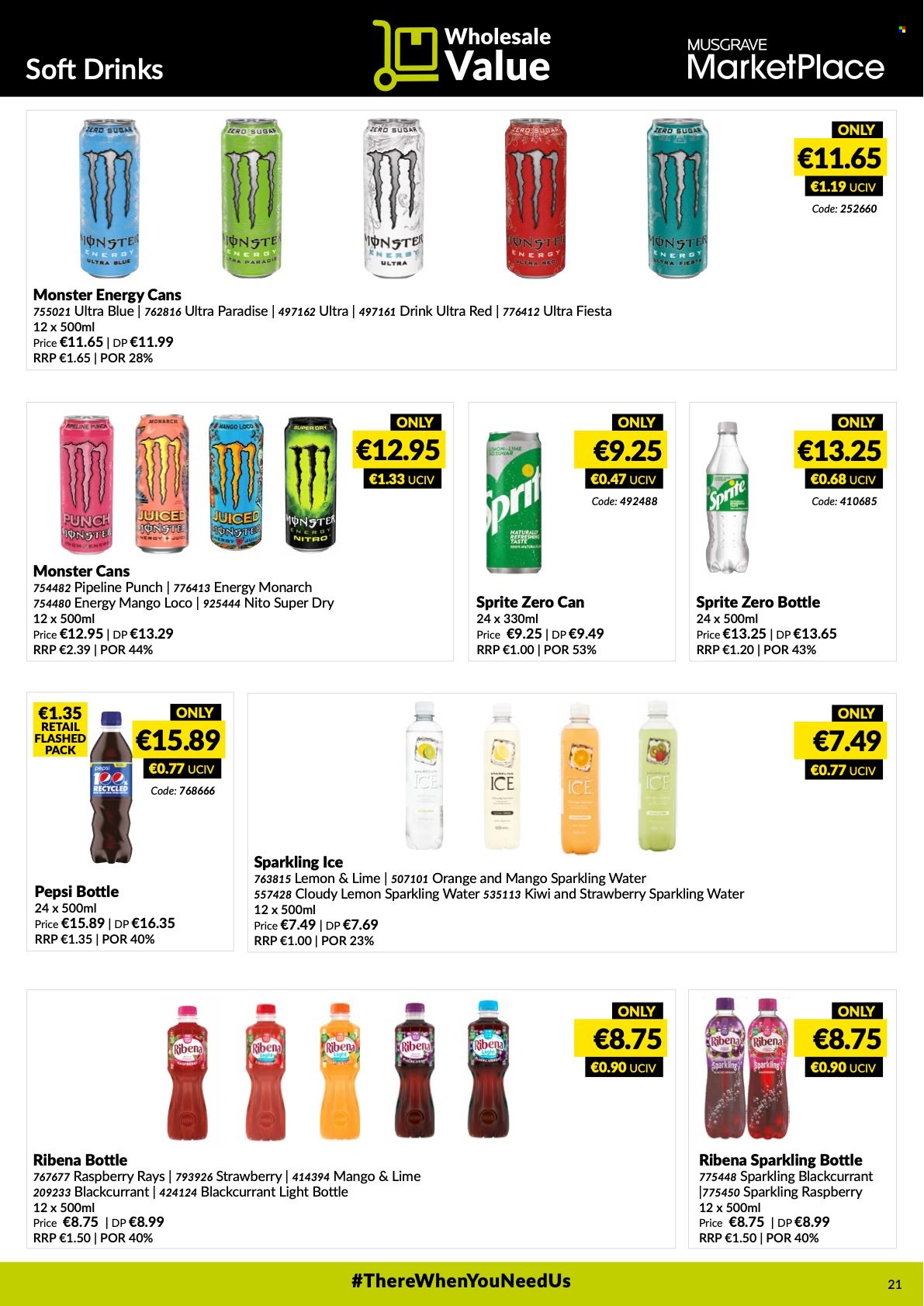 thumbnail - MUSGRAVE Market Place offer  - 16.01.2022 - 12.02.2022 - Sales products - kiwi, oranges, Sprite, Pepsi, juice, Monster, soft drink, Monster Energy, sparkling water, punch. Page 21.