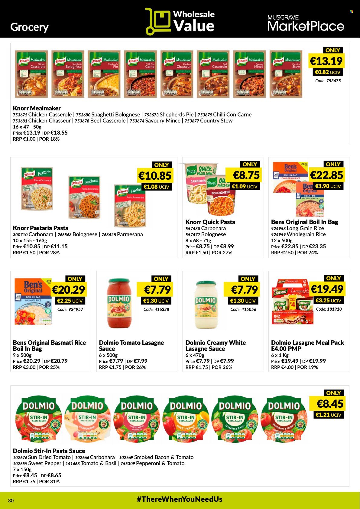 thumbnail - MUSGRAVE Market Place offer  - 16.01.2022 - 12.02.2022 - Sales products - pie, spaghetti, pasta sauce, Knorr, sauce, bacon, pepperoni, dried tomatoes, basmati rice, rice, whole grain rice, long grain rice, pepper, Carbona, casserole. Page 30.