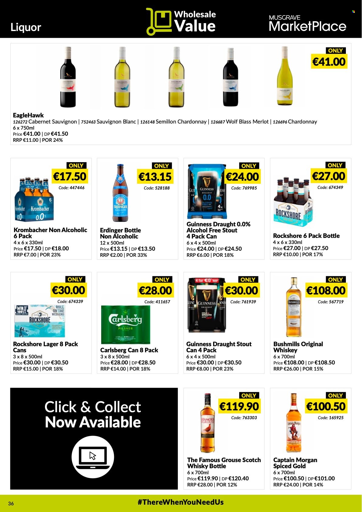 thumbnail - MUSGRAVE Market Place offer  - 16.01.2022 - 12.02.2022 - Sales products - Cabernet Sauvignon, red wine, white wine, Chardonnay, wine, Merlot, Sauvignon Blanc, Captain Morgan, whiskey, liquor, The Famous Grouse, scotch whisky, whisky, beer, Carlsberg, Guinness, Lager, Rockshore. Page 36.