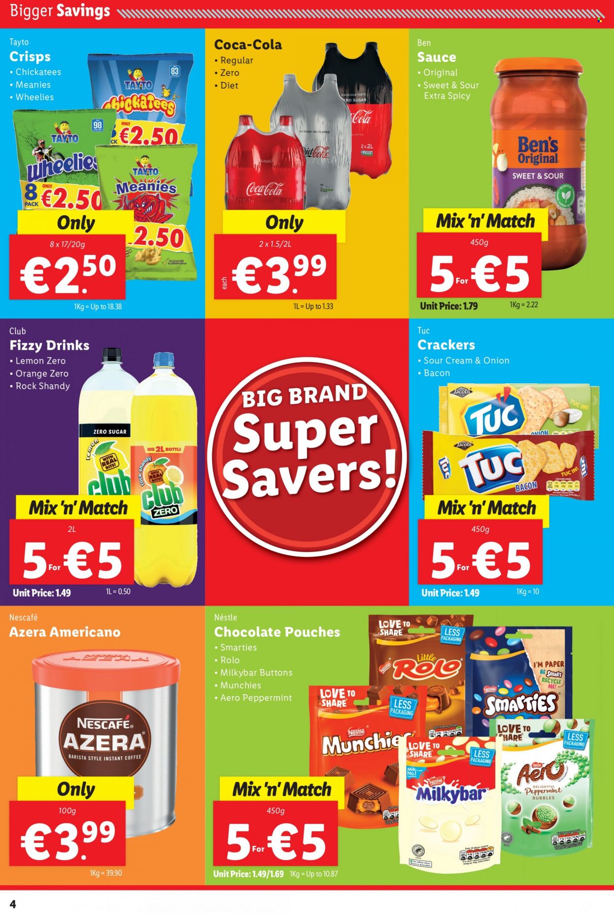 thumbnail - Lidl offer  - 20.01.2022 - 26.01.2022 - Sales products - oranges, sauce, bacon, Nestlé, chocolate, Smarties, crackers, Milkybar, Tayto, Coca-Cola, instant coffee, Jacobs, Nescafé, paper. Page 4.