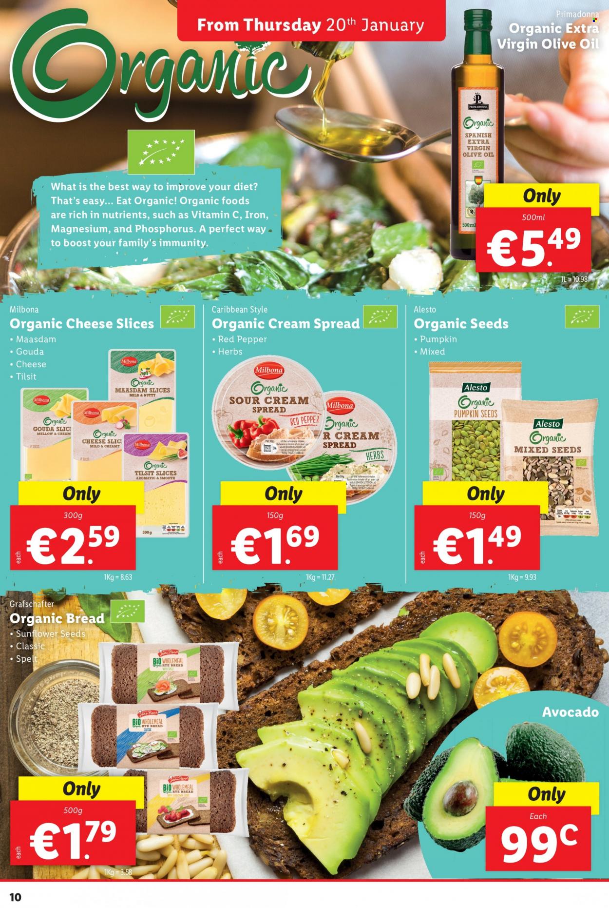 thumbnail - Lidl offer  - 20.01.2022 - 26.01.2022 - Sales products - bread, avocado, cream cheese, gouda, sliced cheese, cheese, Maasdam, sour cream, herbs, extra virgin olive oil, olive oil, oil, sunflower seeds, pumpkin seeds, Boost, magnesium, vitamin c. Page 10.